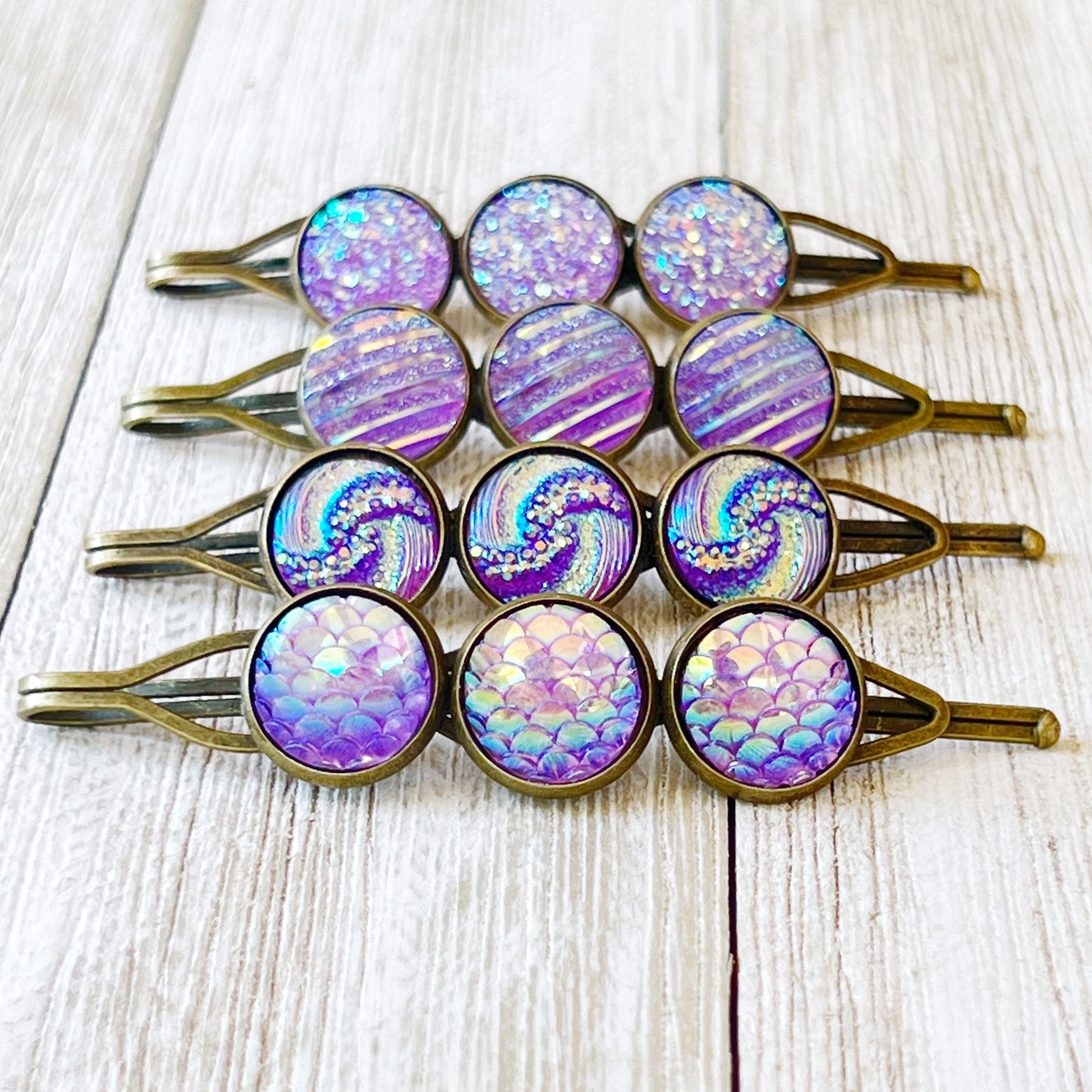 Purple Druzy Hair Pins: Set of 4 Stylish Accessories with Unique Patterns