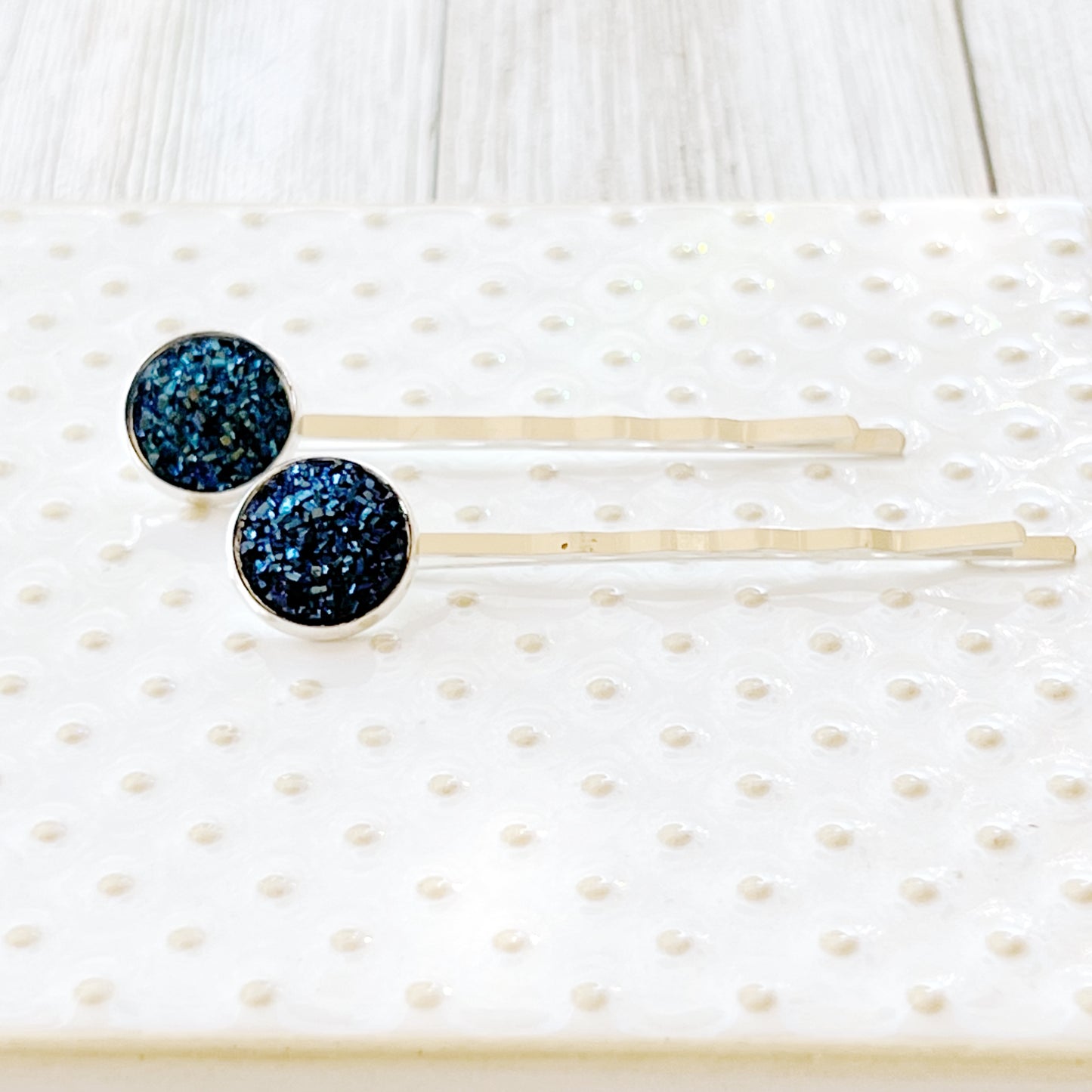 Cobalt Blue Druzy Silver Hair Pins - Elegant Accessories for Stylish Hairdos