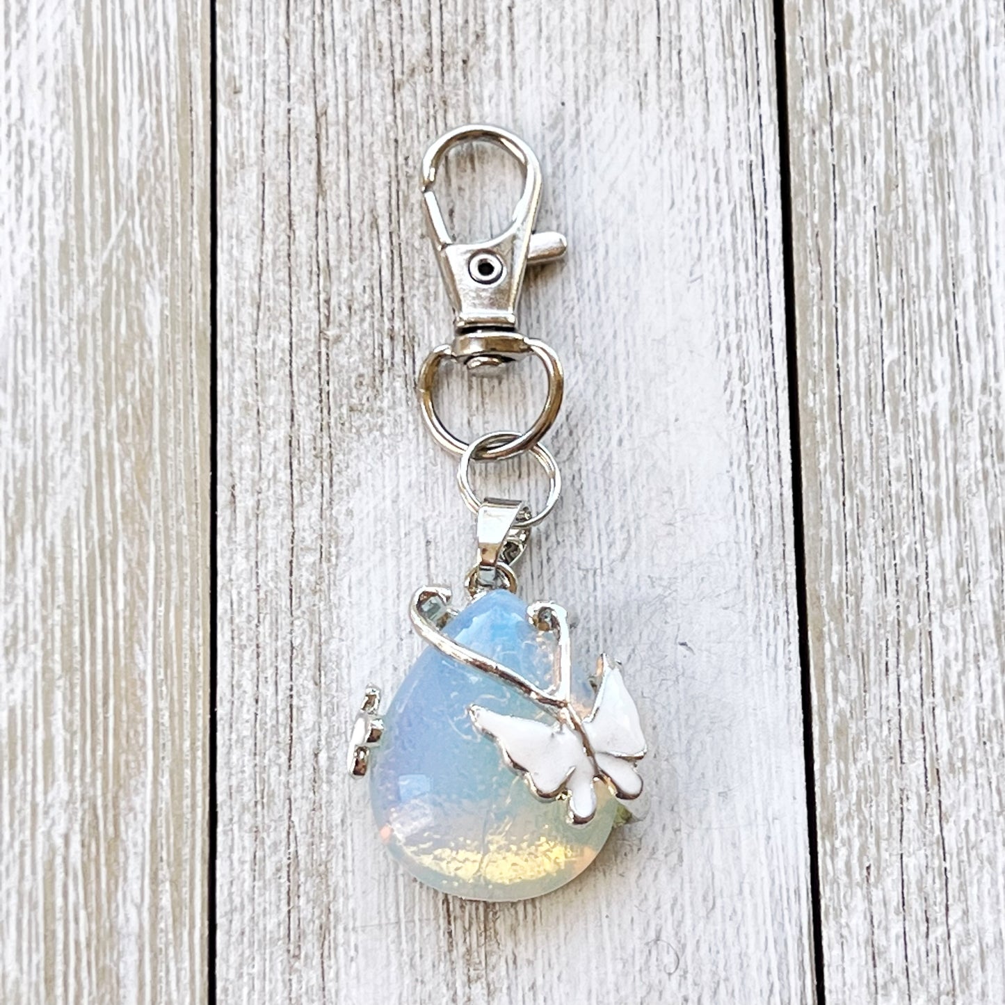 White Butterfly Wrapped Stone Zipper Pull Keychain Charm