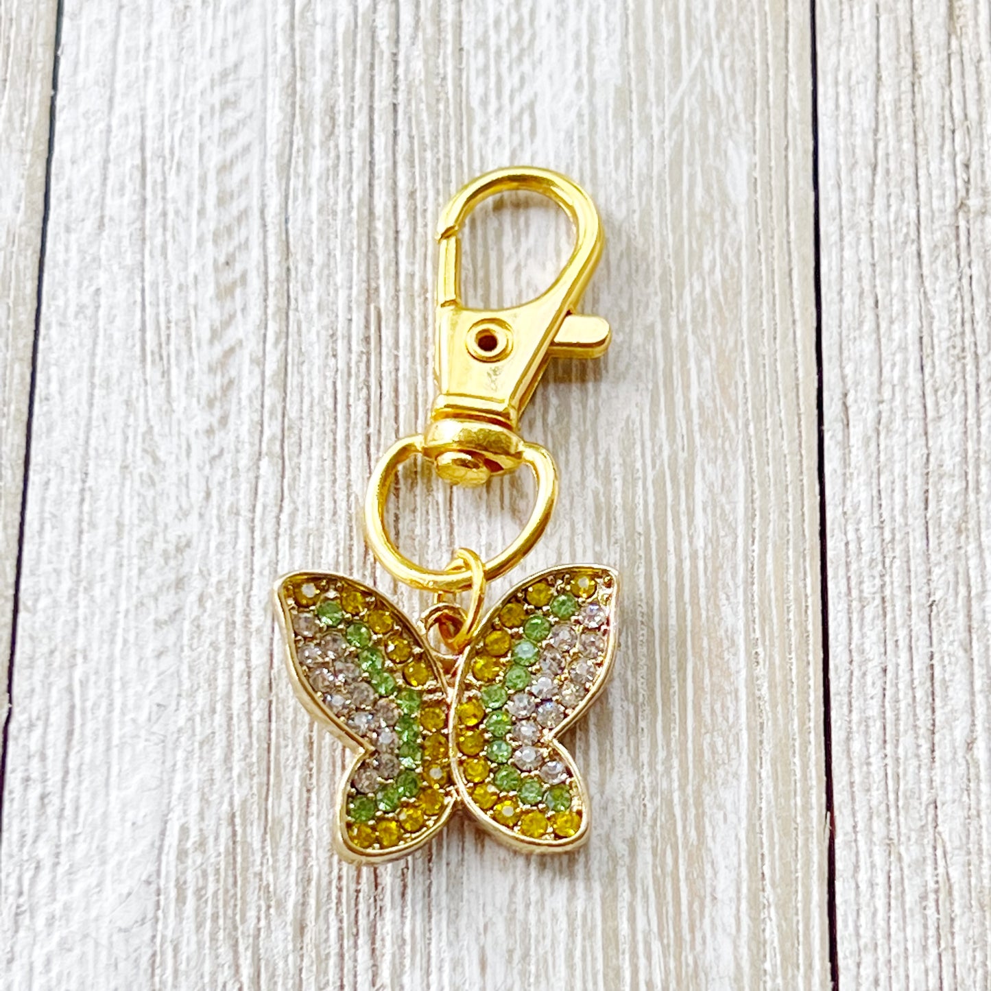 Yellow & Green Butterfly Zipper Pull Keychain Charm with Rhinestones - Stylish and Whimsical Accessory for Your Bag