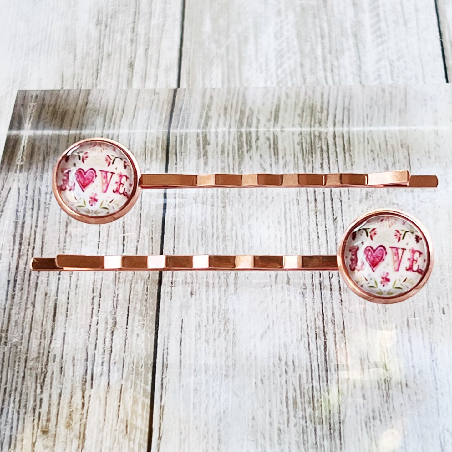 Rose Gold Floral Pink Love Heart Hair Pins