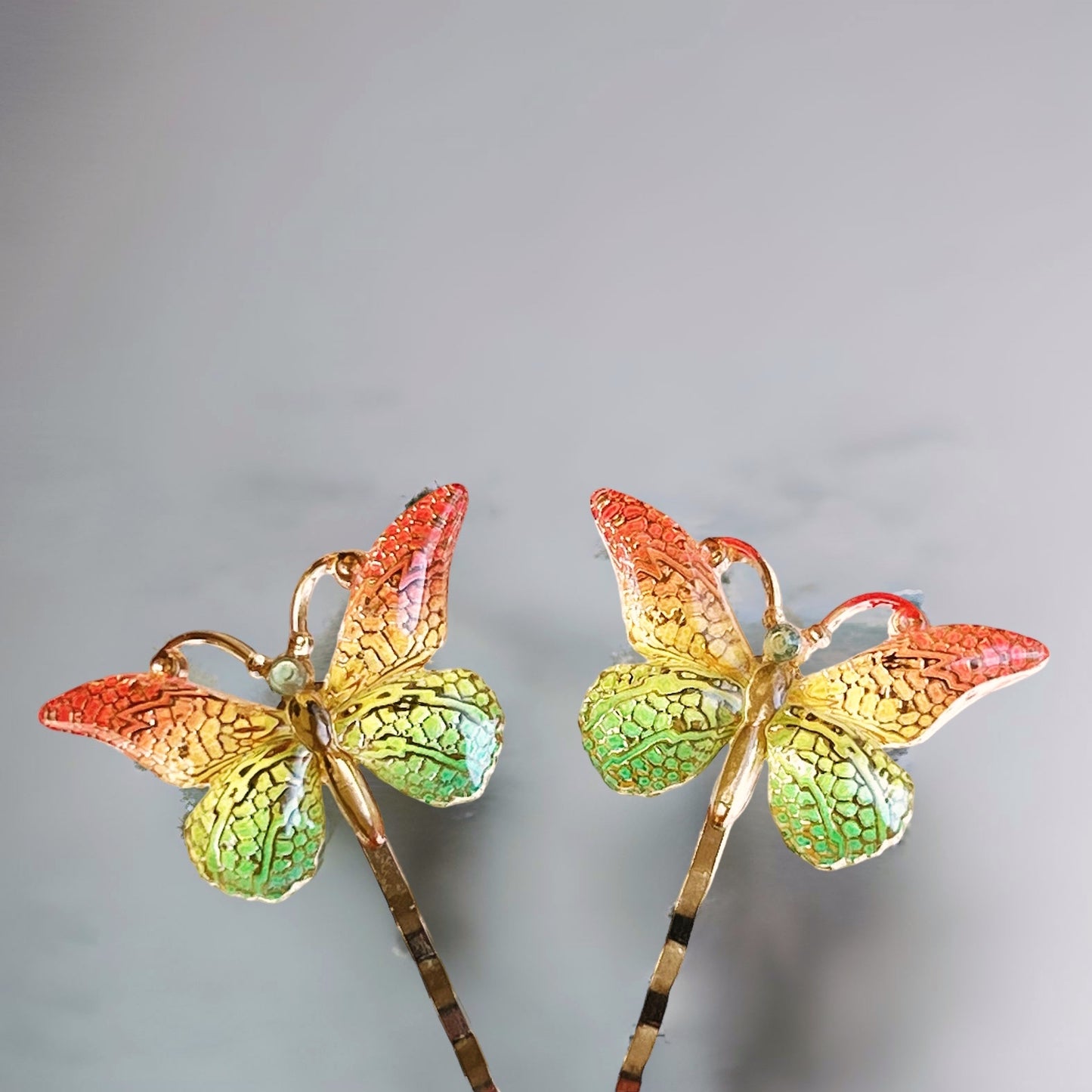 Orange & Green Butterfly Hair Pins: Vibrant Nature-inspired Accessories