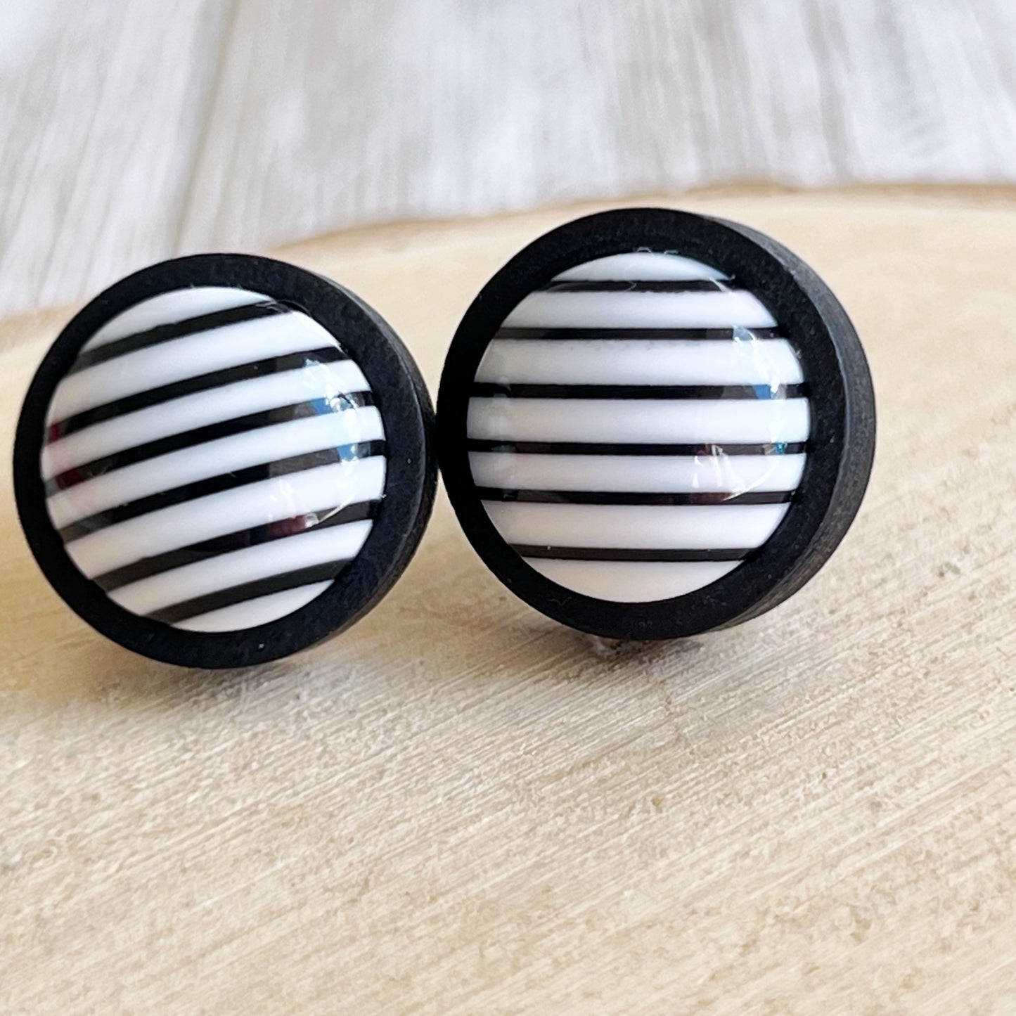 Black & White Striped Black Wood Earrings - Stylish & Contemporary Accessories