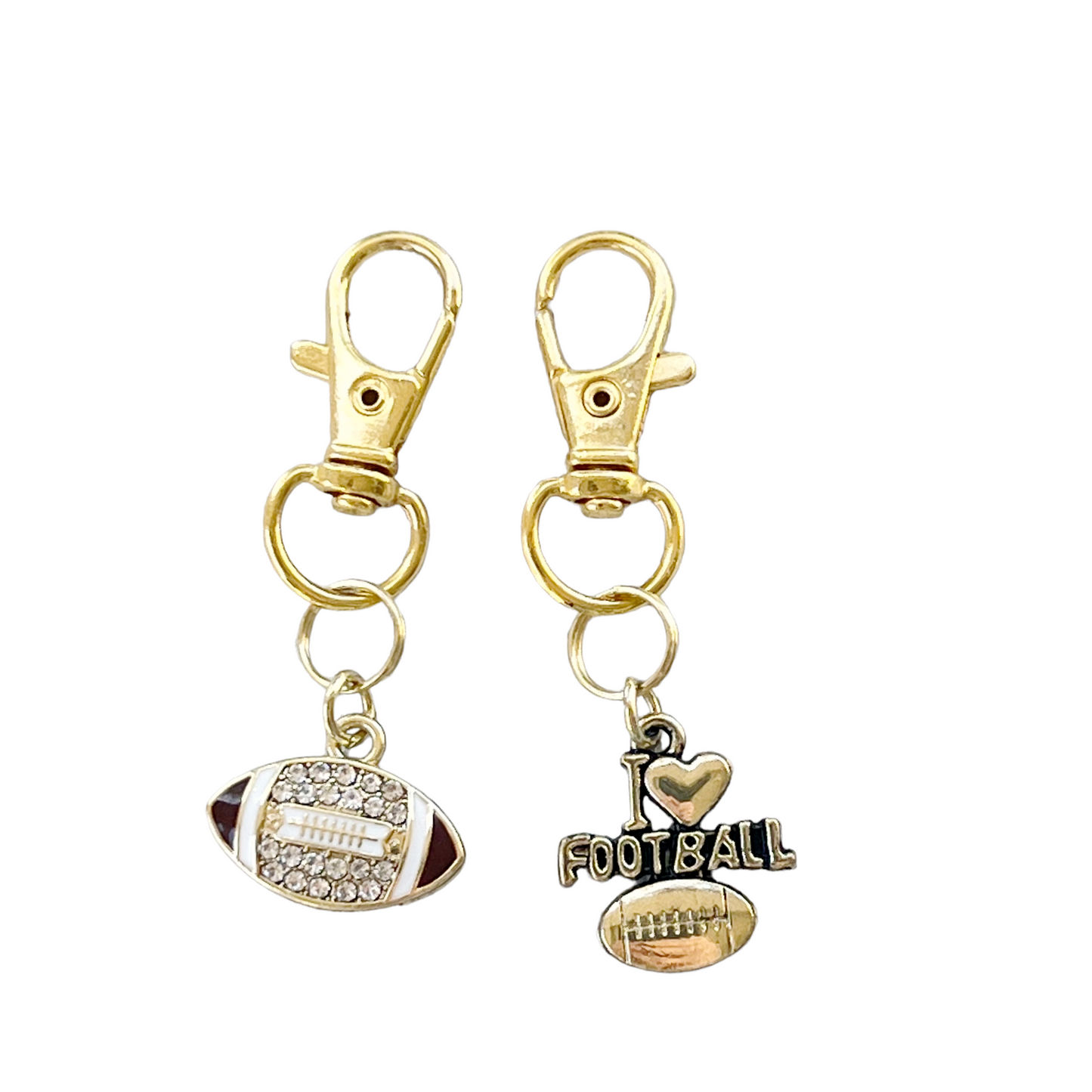 I Love Football Zipper Pull Keychain Charm with Rhinestones