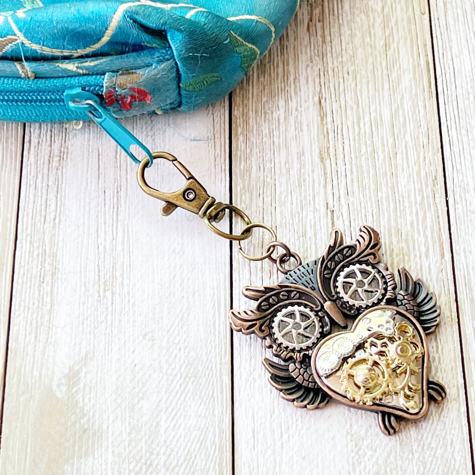 Steampunk Owl Zipper Pull Keychain Purse Charm with Gear Accents