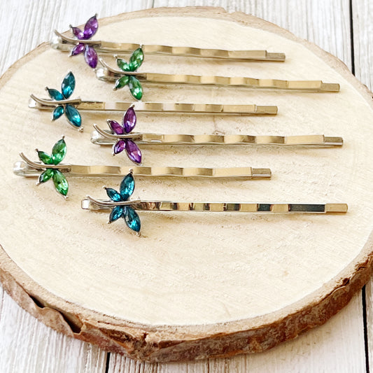 Purple, Green & Blue Dragonfly Hair Pin, Hair Pins For Woman, Womens Hair Clip, Womens Bobby Pins, Rhinestone Hair Pin