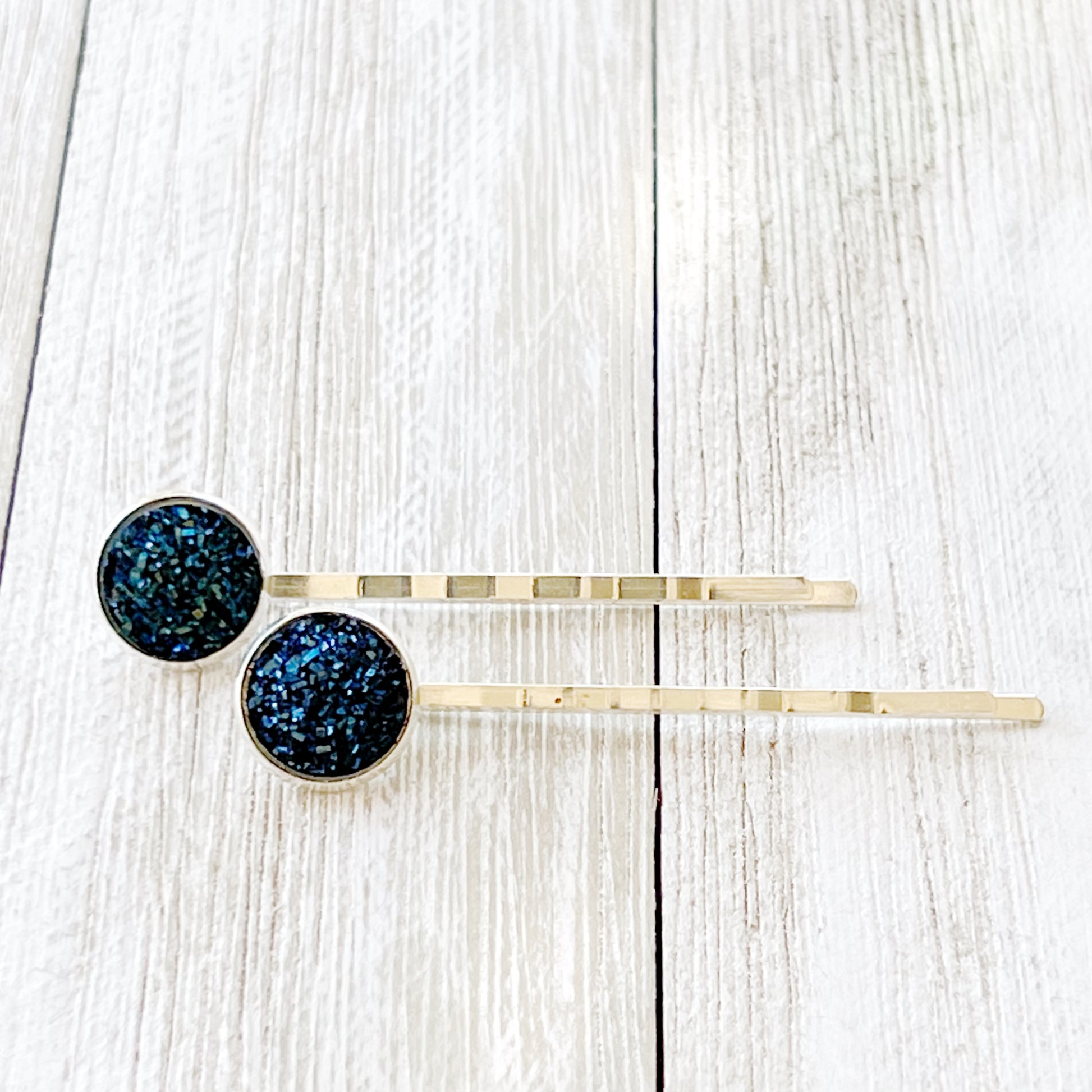 Cobalt Blue Druzy Silver Hair Pins - Elegant Accessories for Stylish Hairdos