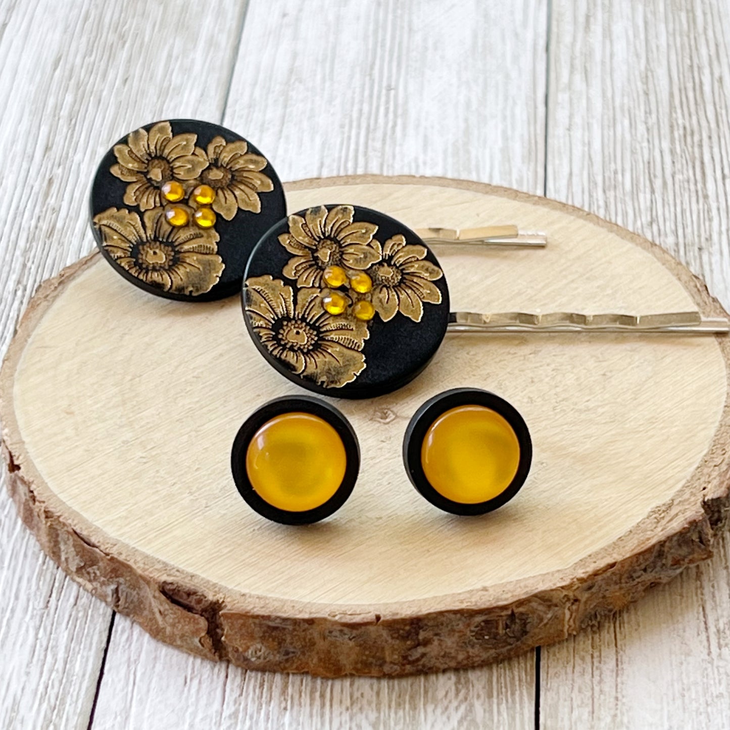 Black & Gold Sunflower Silver Bobby Pins with Matching 12mm Wood Earrings - Stylish Floral Accessories