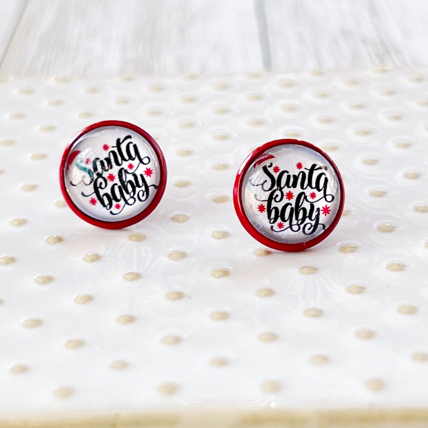 Red Stud Earrings: Festive 'Santa Baby' Design for Christmas Cheer