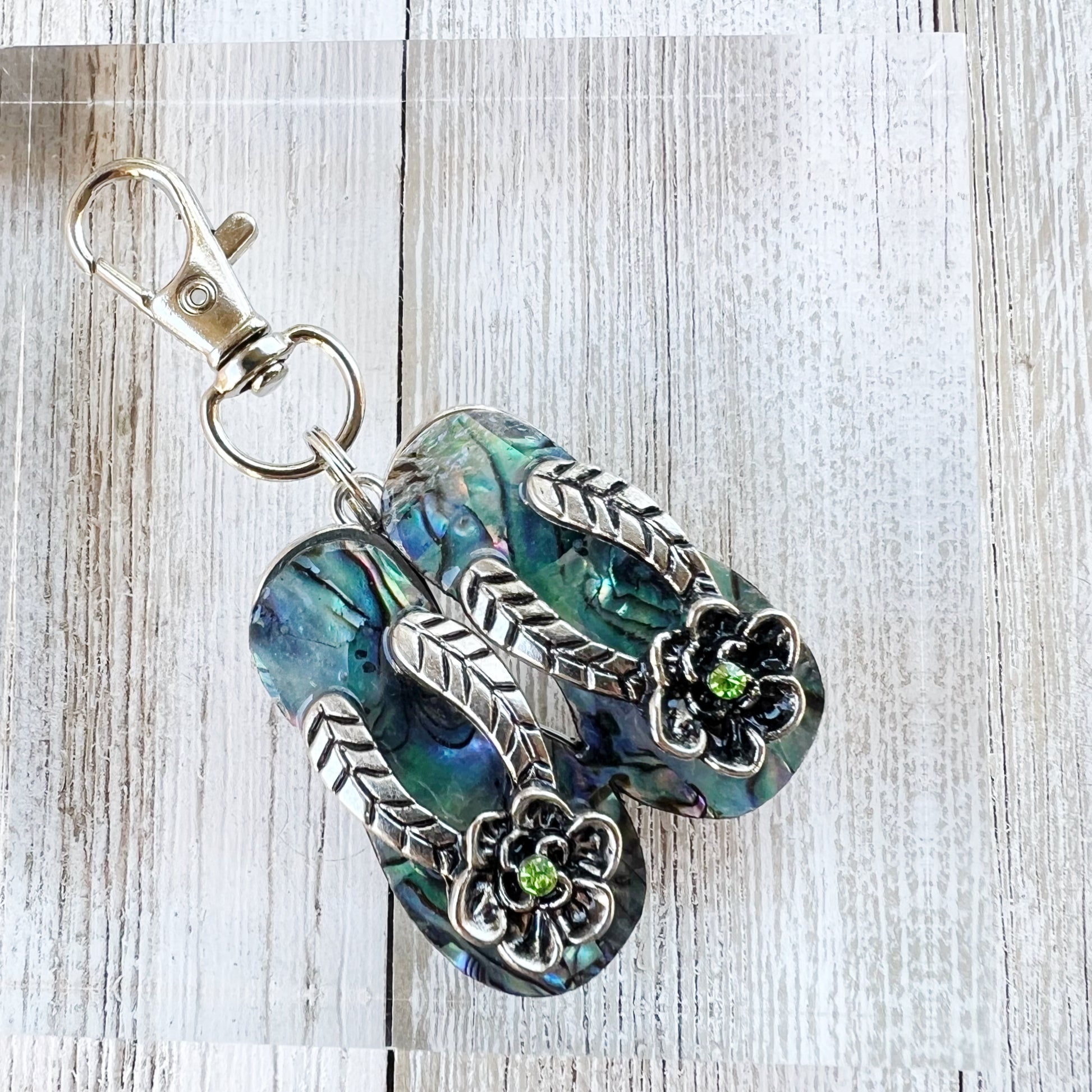 Flip Flop Floral Zipper Pull Keychain Purse Charm with Natural Abalone - Beachy Chic Accessory