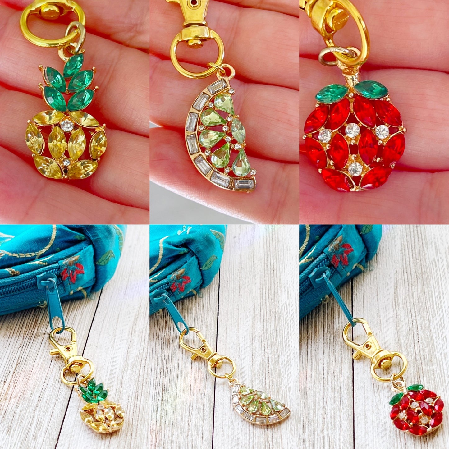 Fruit Zipper Pull Keychain Charm with Rhinestones