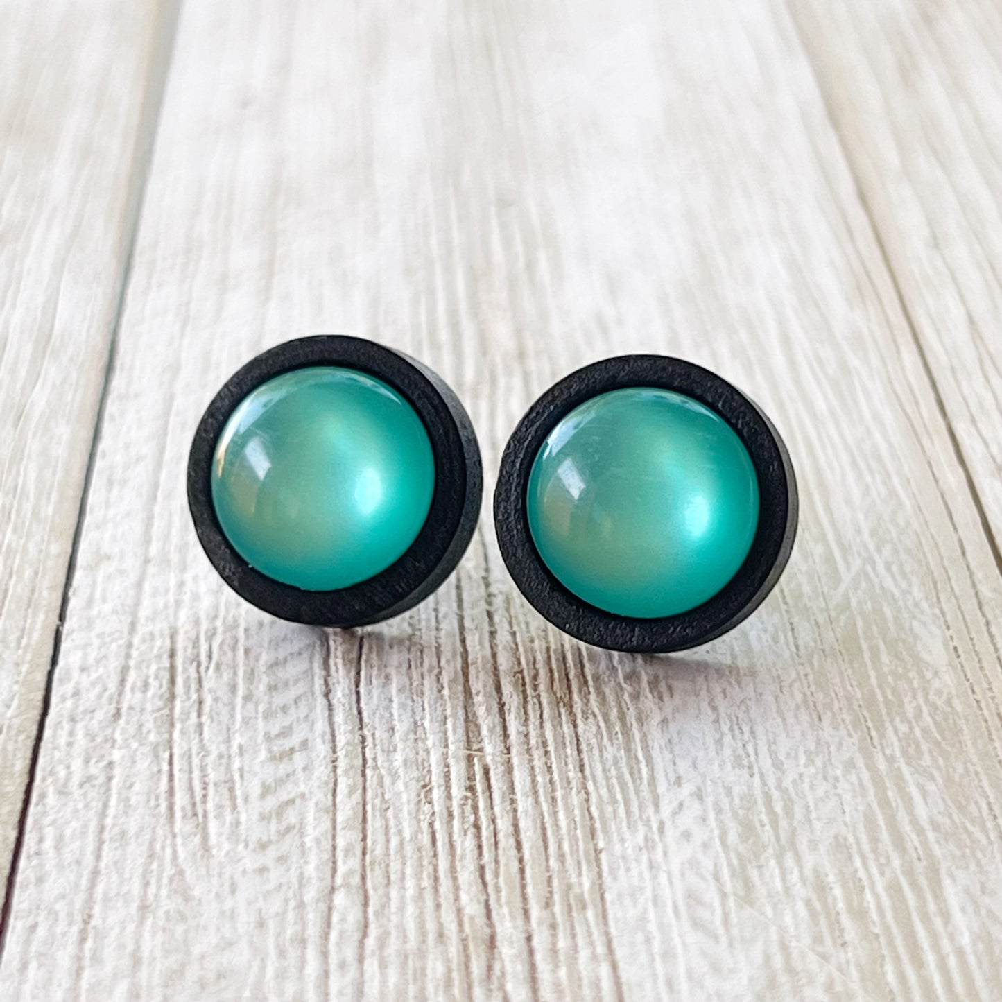 Natural Black Wood Blue Glass Stainless Steel Unisex Stud Earrings