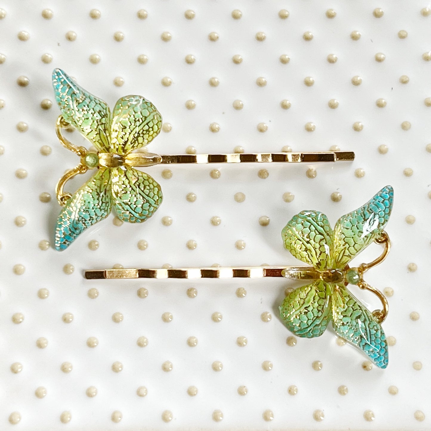 Blue, Green & Gold Butterfly Hair Pins - Elegant and Colorful Hair Accessories