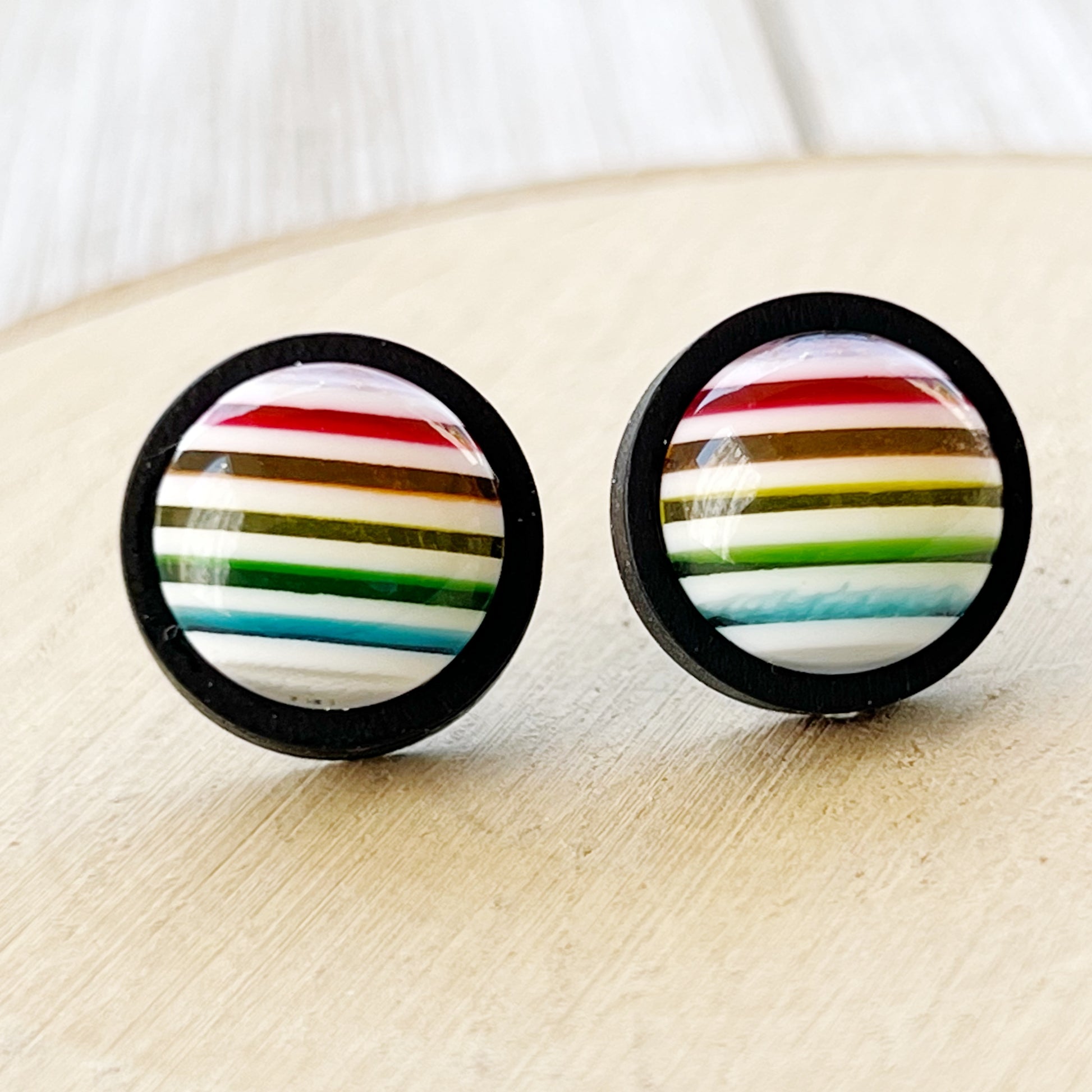 Rainbow Striped Black Wood Stud Earrings - Colorful and Unique Accessories