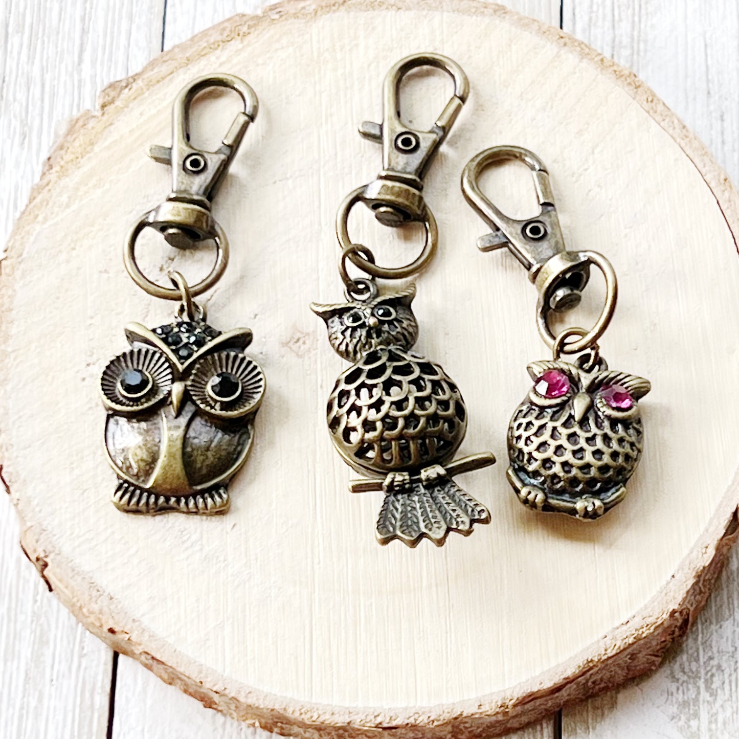 Set of 3 Brass Owl Purse Charms with Rhinestone Accents