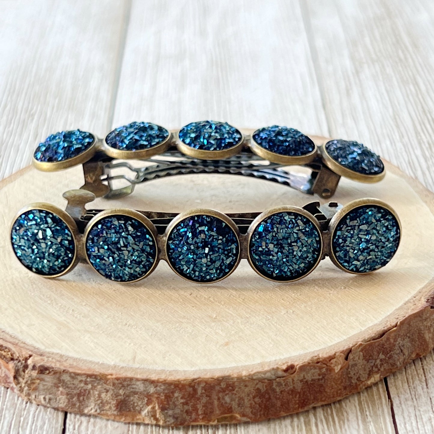 Cobalt Blue Druzy Brass Hair Clips