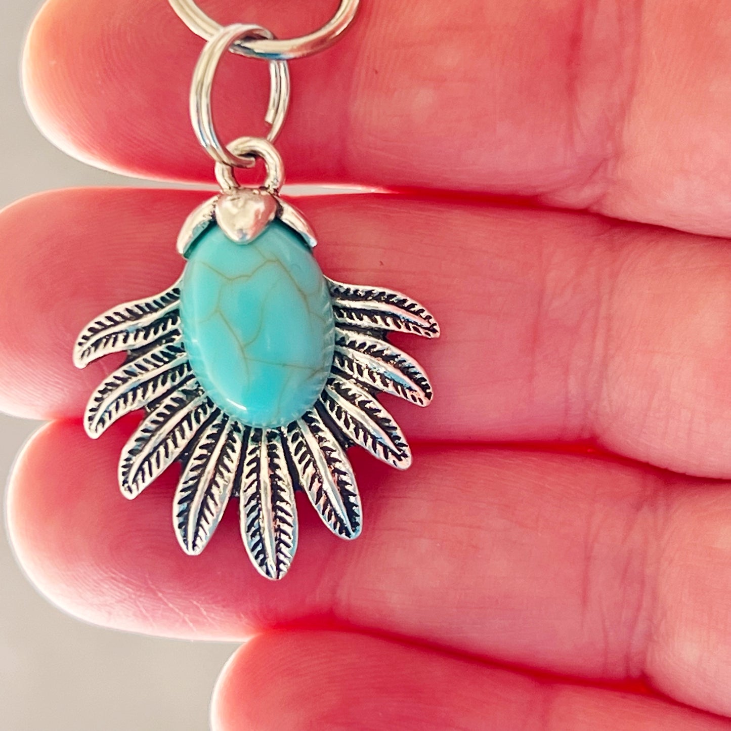 Western Zipper Pull Keychain Purse Charm: Turquoise & Silver Feather Medallion Accent