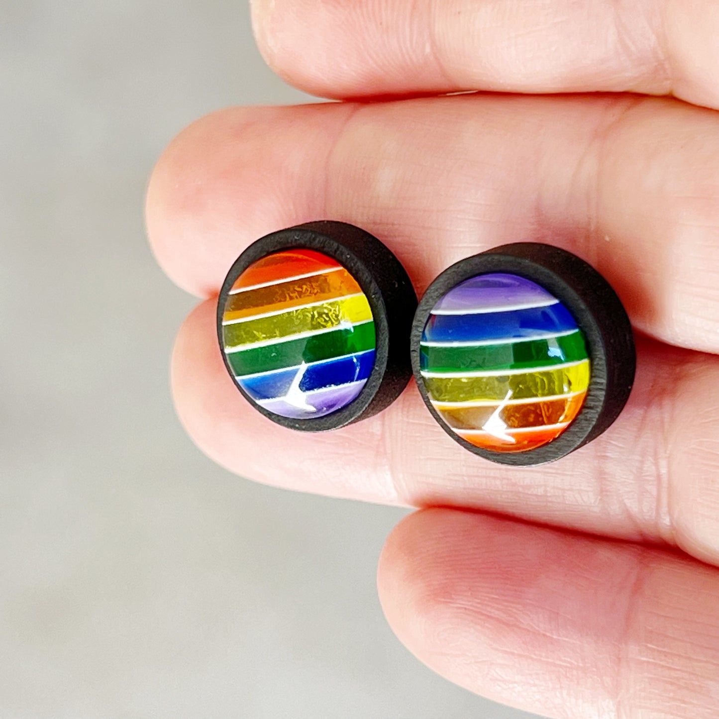 Rainbow Striped Black Wood Stud Earrings - Colorful and Unique Accessories