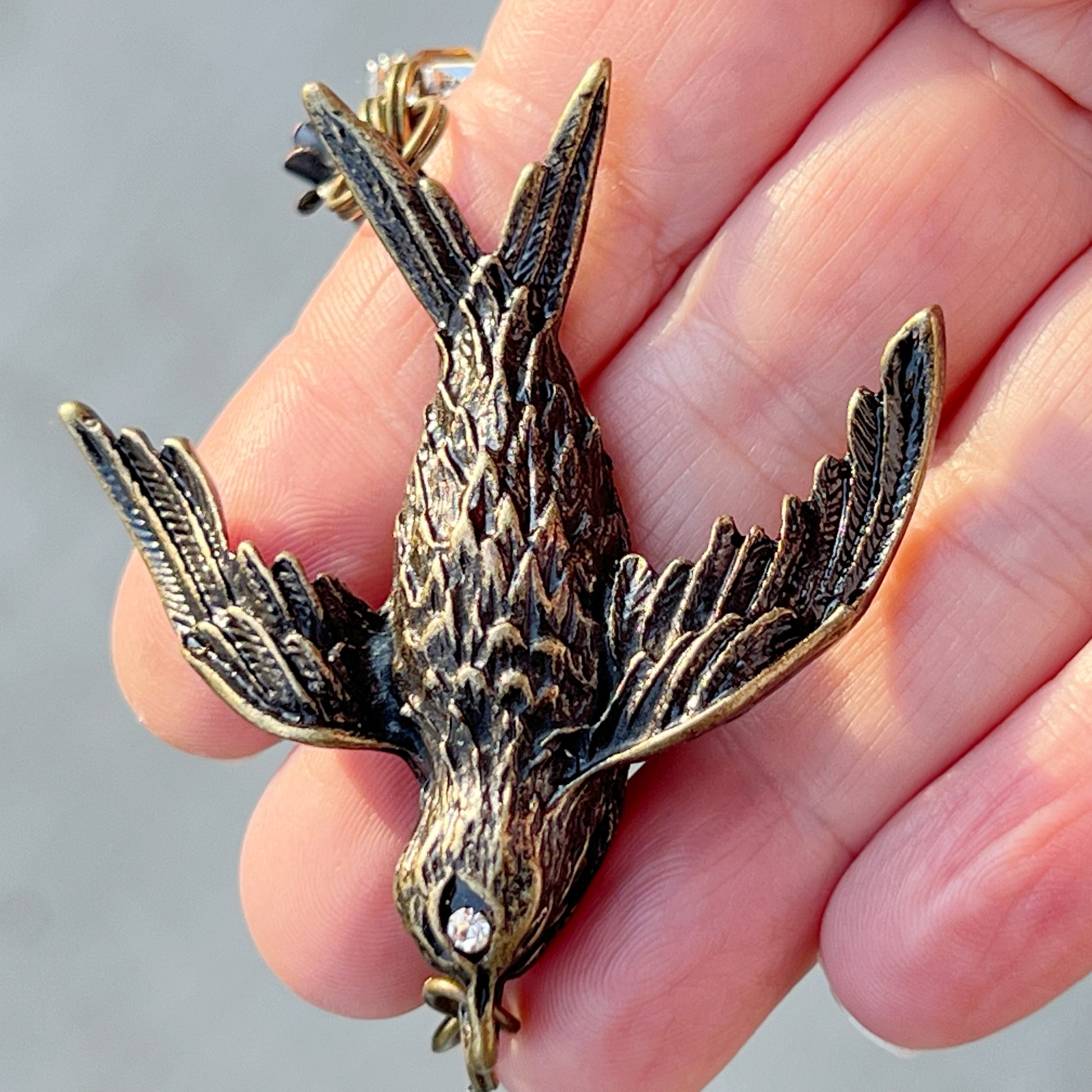 Large Metal 'Breathe' Bird Charm with Rhinestone and Flower Accents - Perfect for Keychain or Purse Decoration