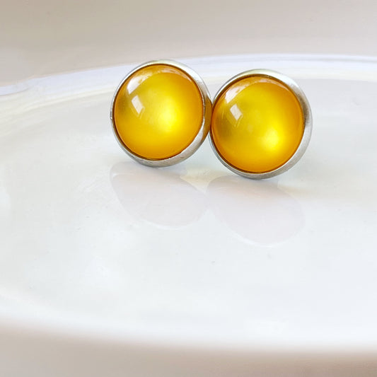 Silver Yellow Orange Glass Earrings Studs, Stainless Steel Earrings, Boho Earrings, Bridesmaid Earrings, Mens Earrings Stud, Unique Earring