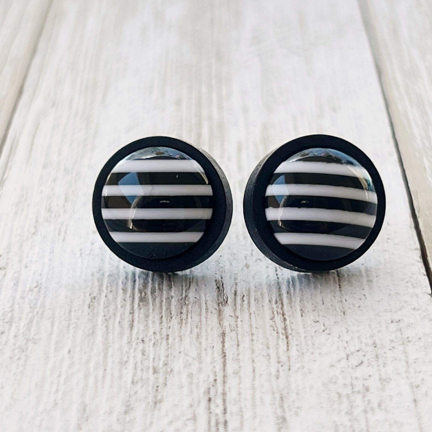 Black & White Large Striped Wood Earrings - Statement Monochrome Accessories