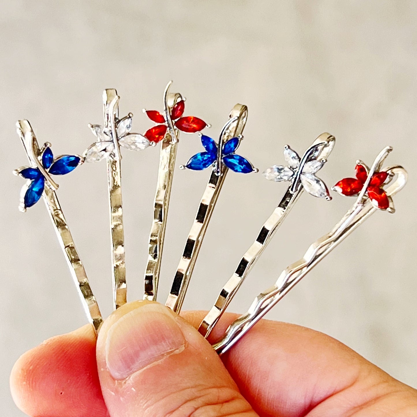 Red White & Blue Dragonfly Hair Pin, Hair Pins For Woman, Womens Hair Clip, Womens Bobby Pins, Rhinestone Hair Pin