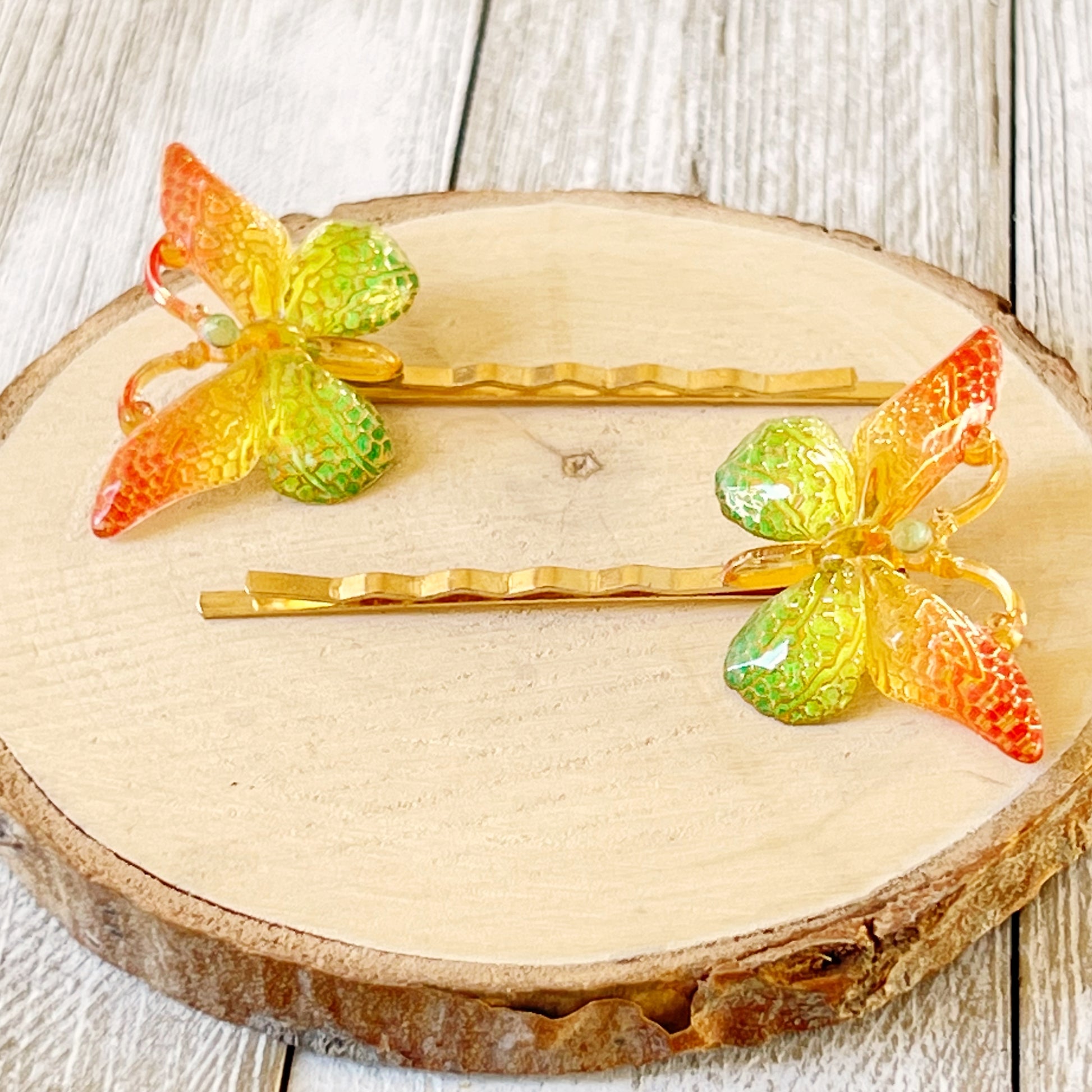 Orange & Green Butterfly Hair Pins: Vibrant Nature-inspired Accessories