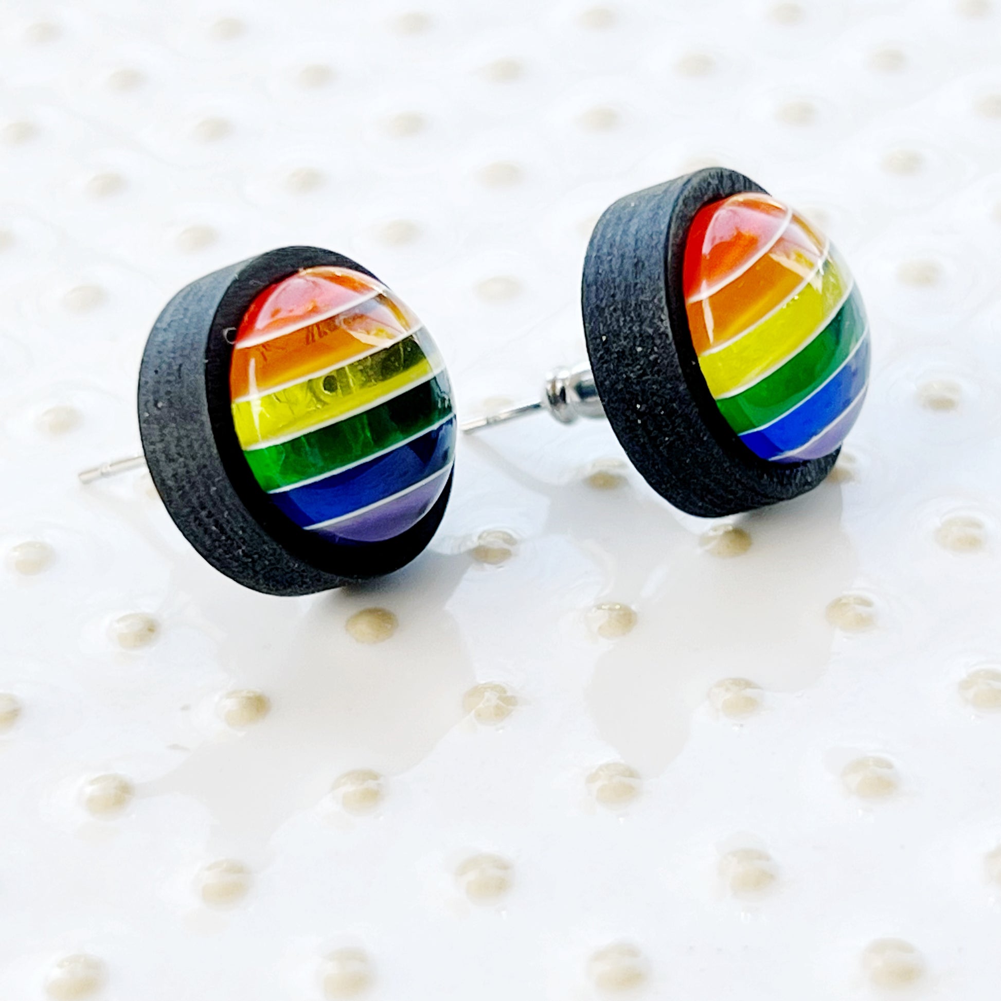 Rainbow Striped Black Wood Stud Earrings - Colorful and Unique Accessories