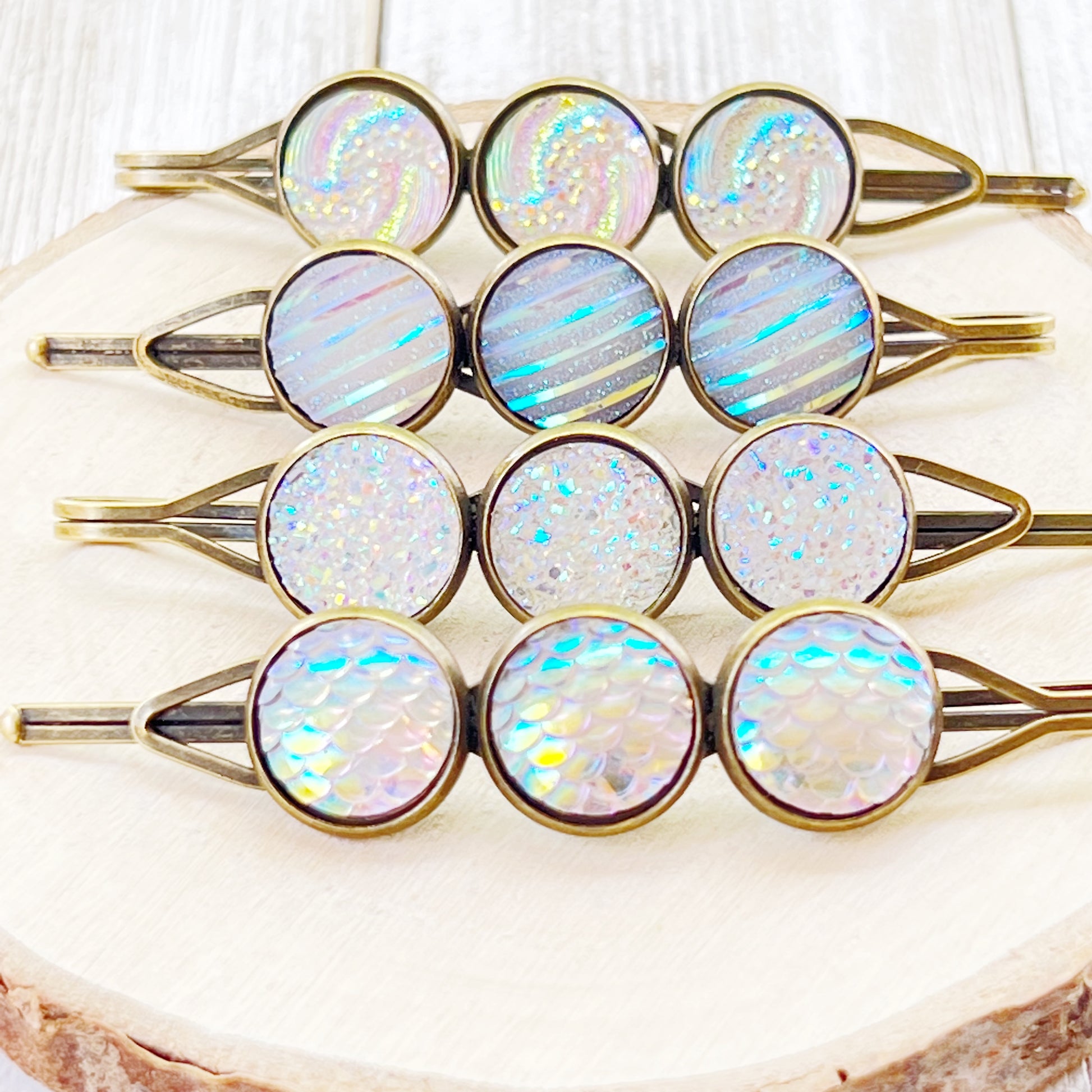 White Glitter Druzy Hair Pins: Set of 4 Stylish Accessories with Unique Patterns