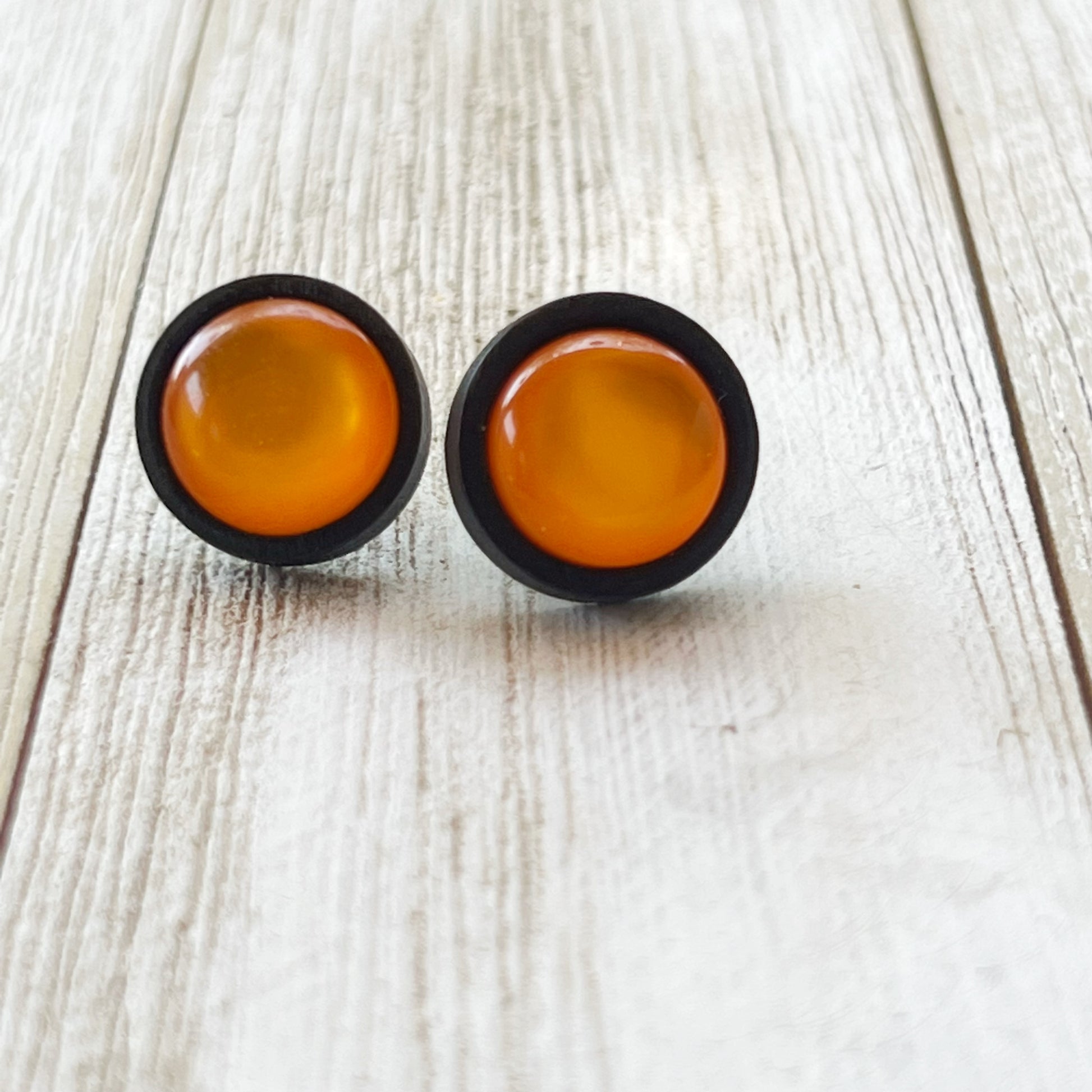 Orange Resin Black Wood Unisex Stud Earrings - Unique & Stylish Accessories