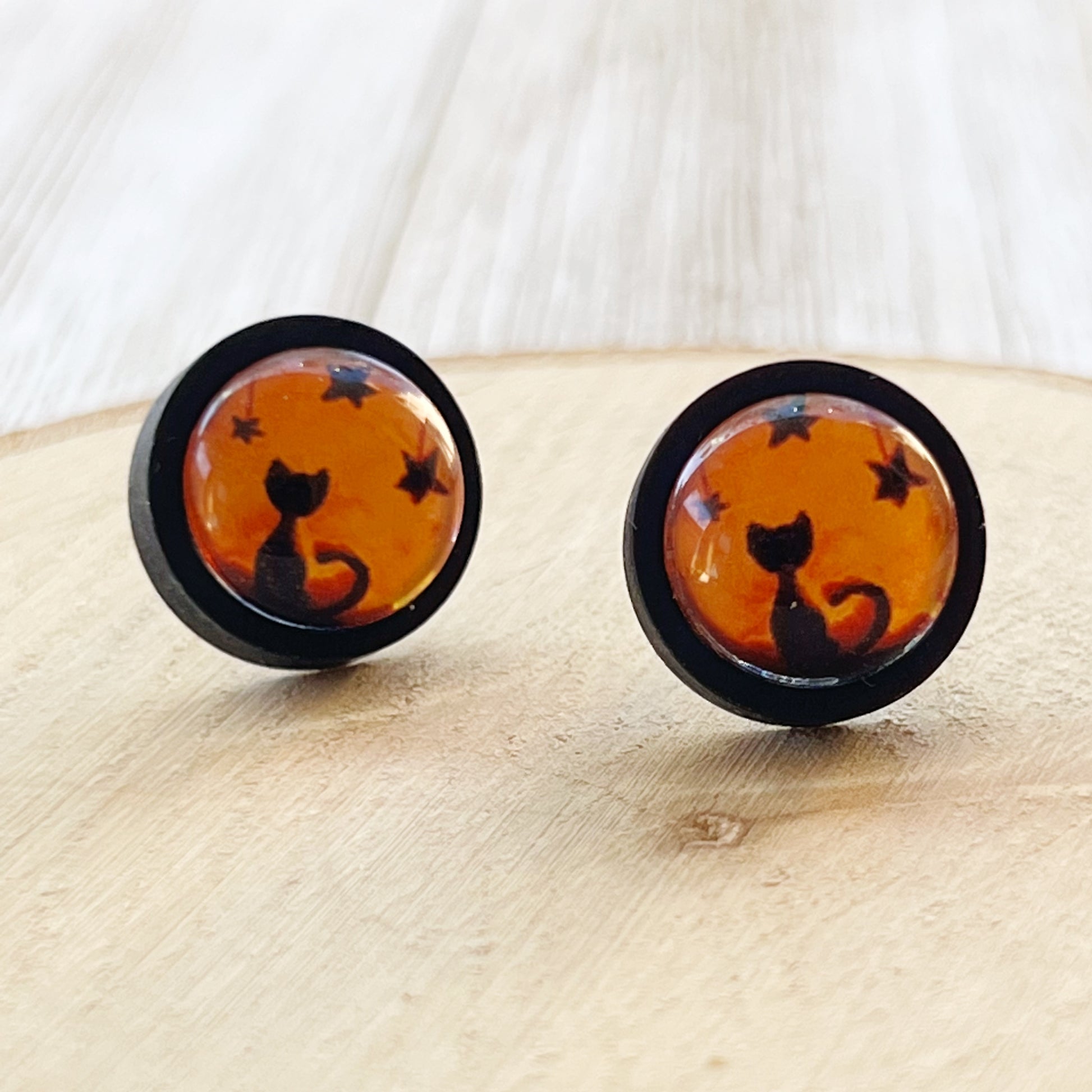 Black Cat Halloween Orange & Black Wood Stud Earring - Spooky & Stylish Accessory