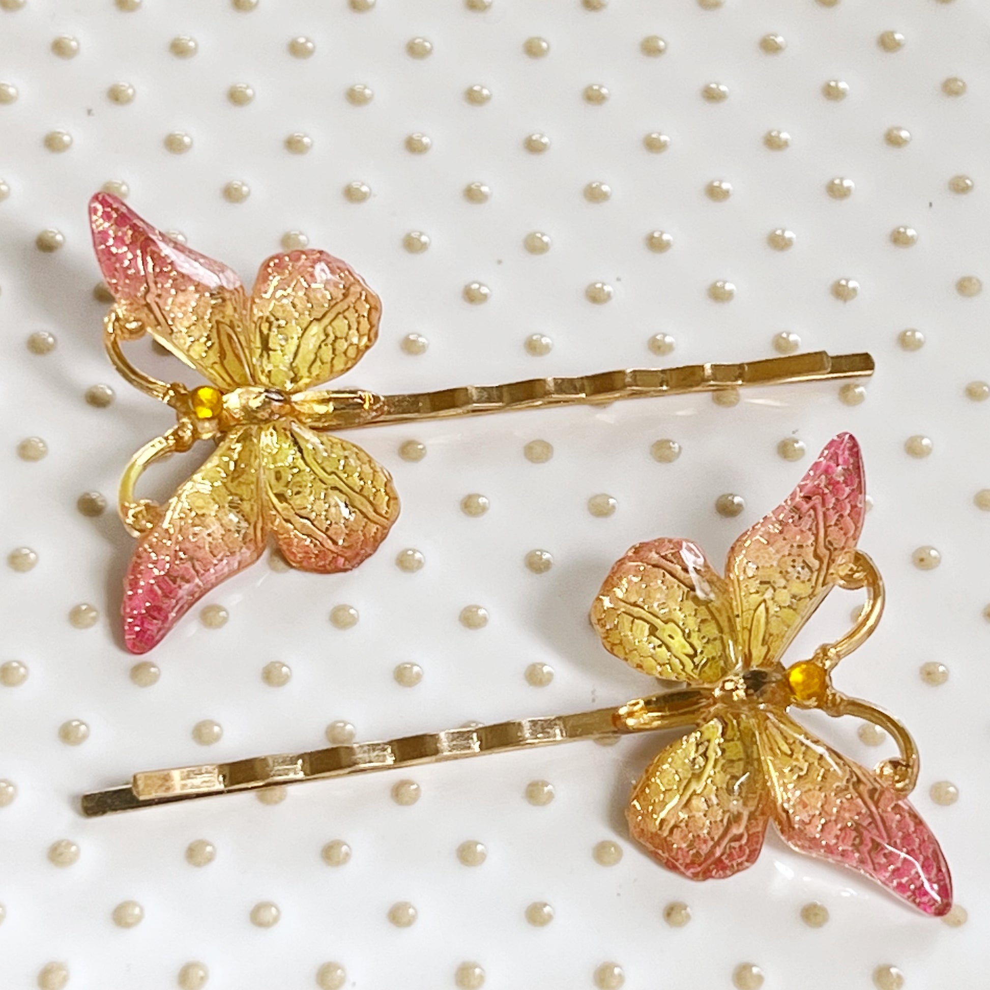 Pink & Yellow Gold Butterfly Hair Pins