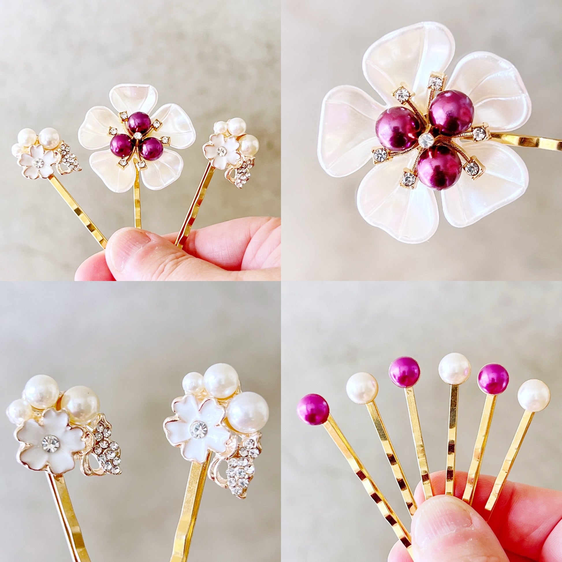 Purple & White Pearl Rhinestone Hair Pins - Elegant & Sparkling Accessories