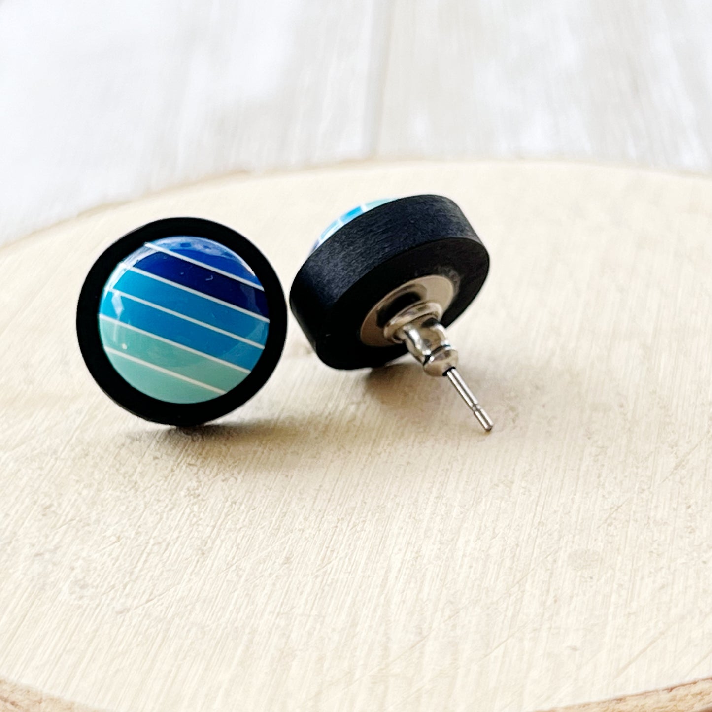 Blue Gradient Striped Black Wood Earrings - Stylish Contemporary Accessories