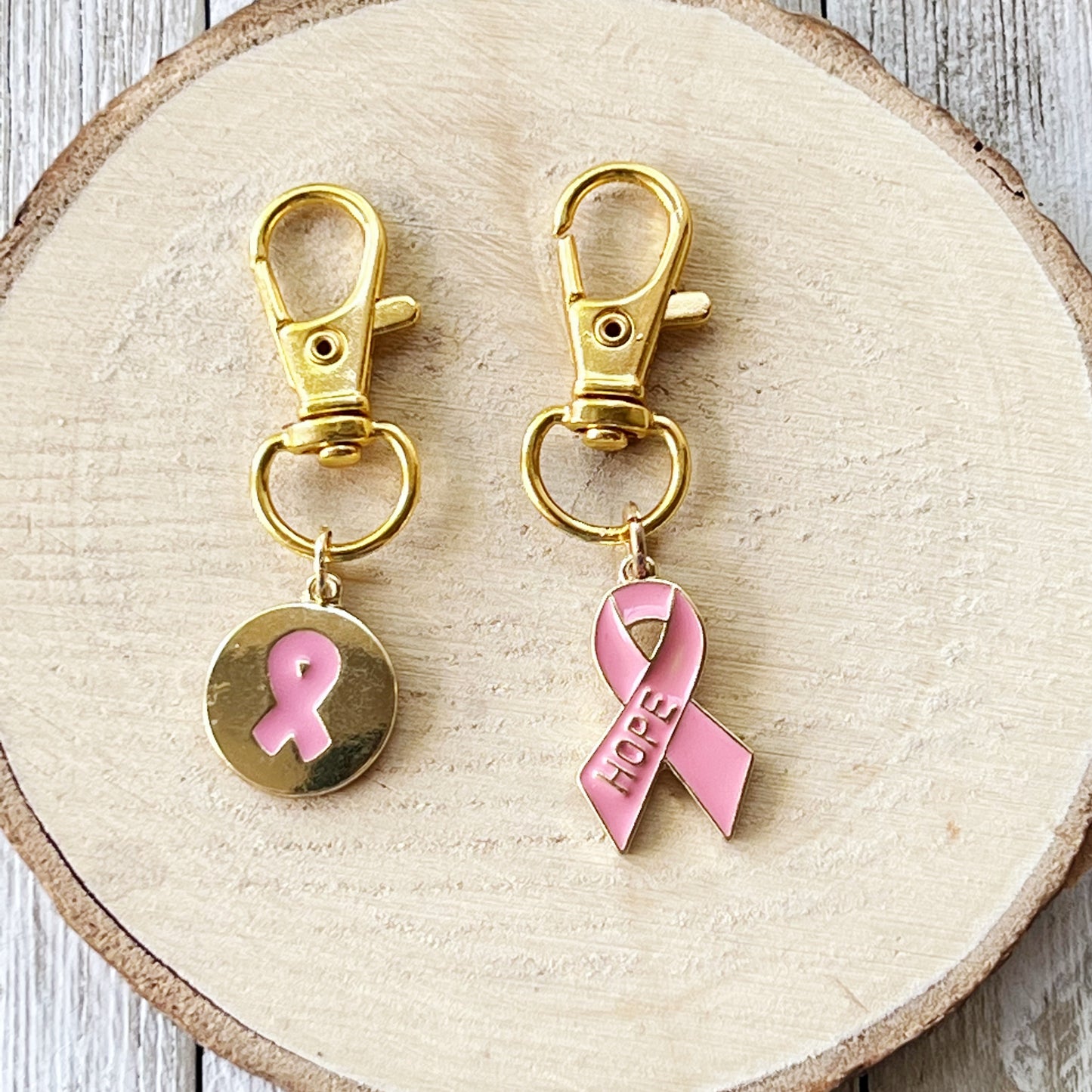 Pink Cancer Awareness Ribbon Zipper Pull Keychain Charm with Rhinestones