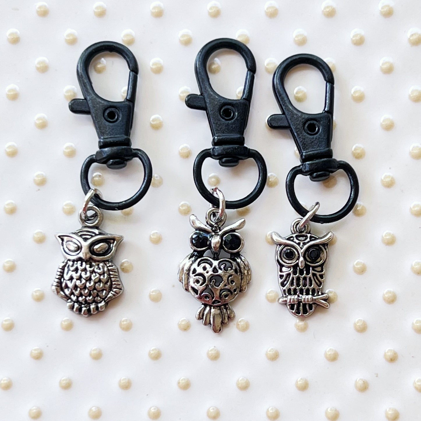 Set of 3 Silver Owl Purse Charms with Rhinestone Accents