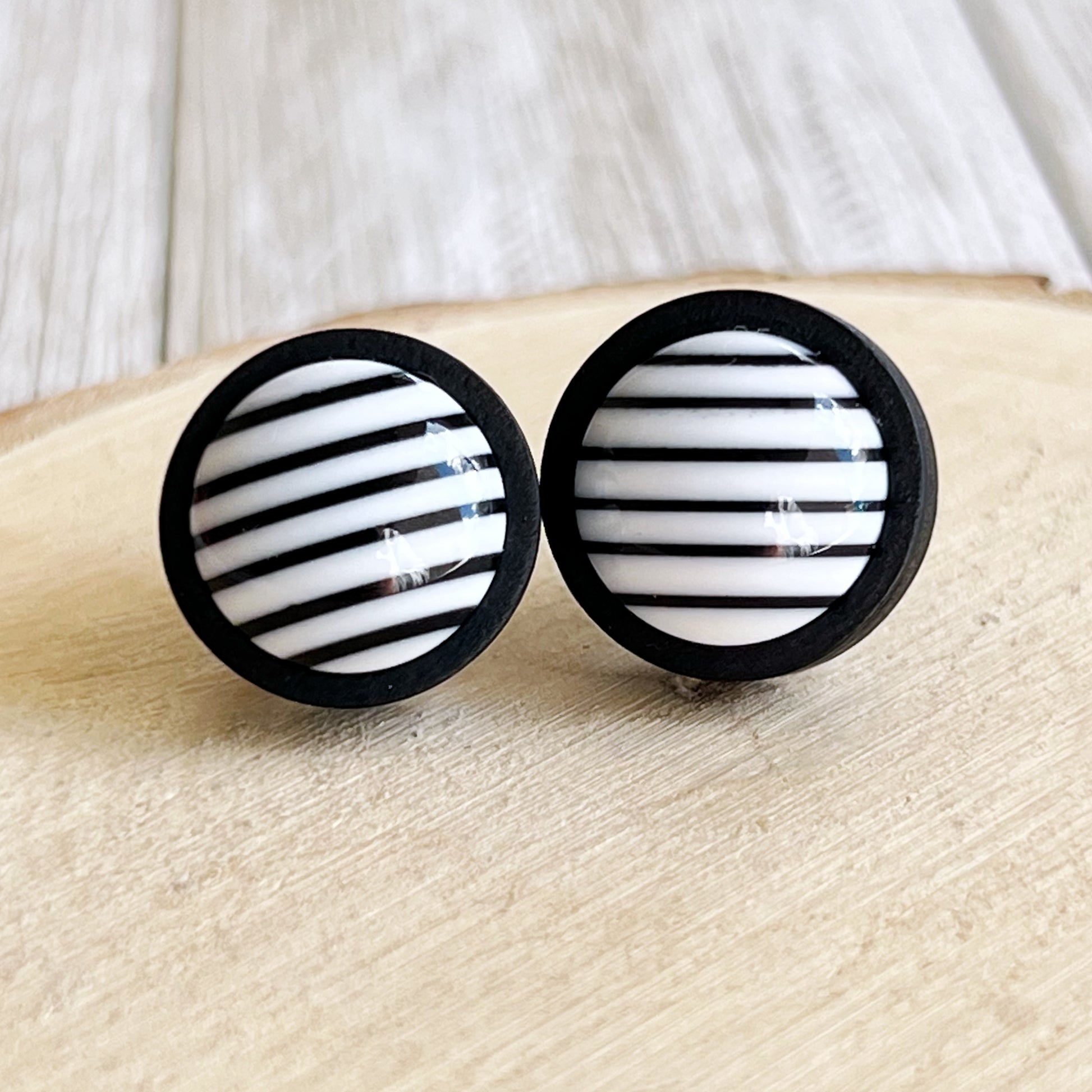 Black & White Striped Black Wood Earrings - Stylish & Contemporary Accessories