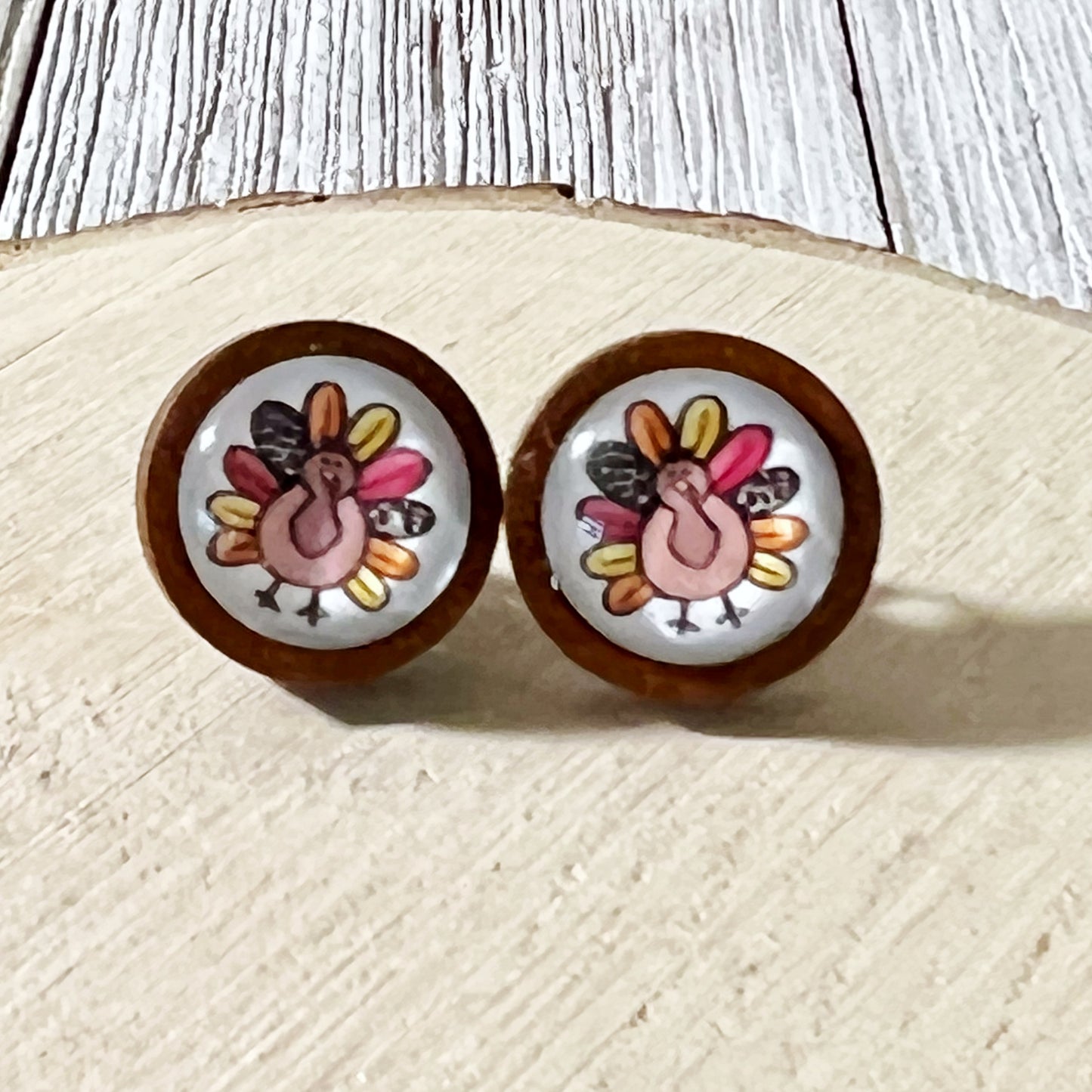 Thanksgiving Turkey Wood Stainless Steel Stud Earring