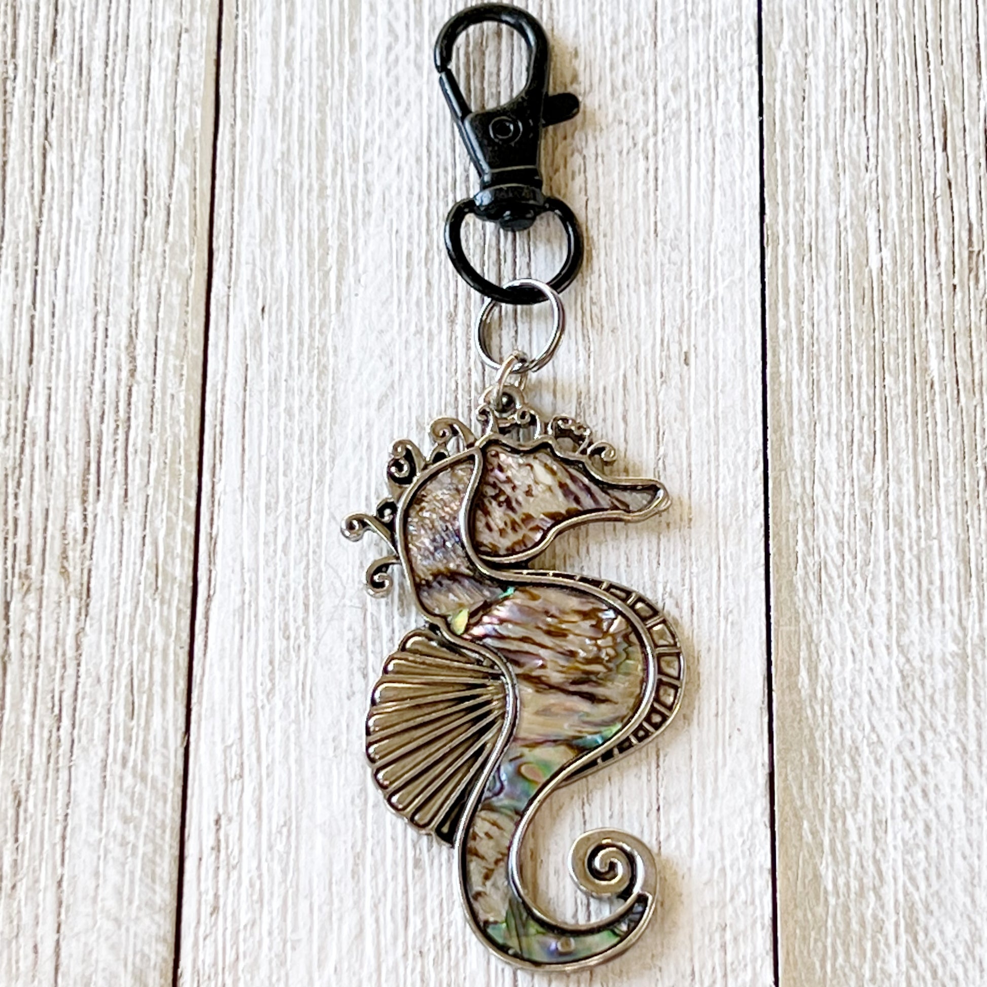 Seahorse Zipper Pull Keychain Charm with Natural Abalone: Coastal Elegance for Your Purse