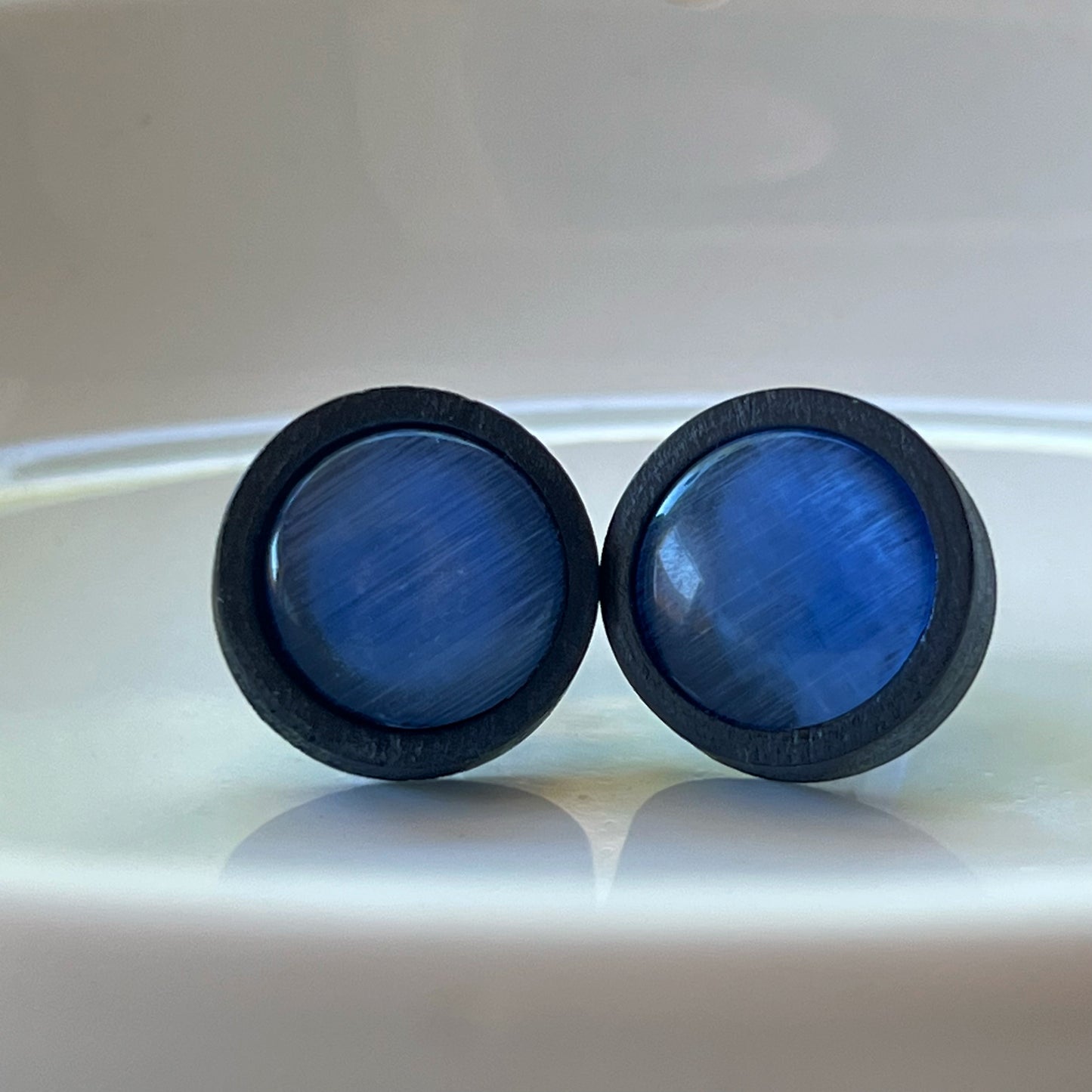 Blue Glass Black Wood Unisex Stud Earrings - Stylish & Versatile Accessories