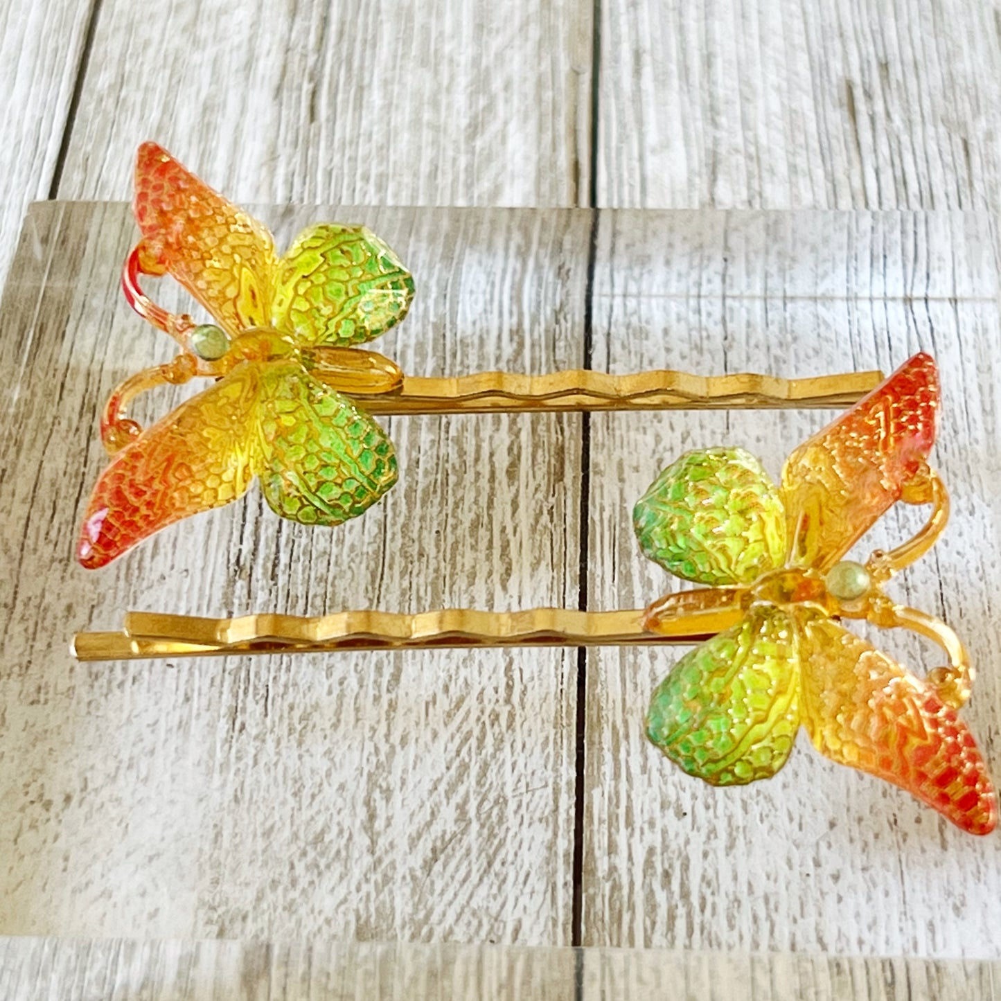 Orange & Green Butterfly Hair Pins: Vibrant Nature-inspired Accessories