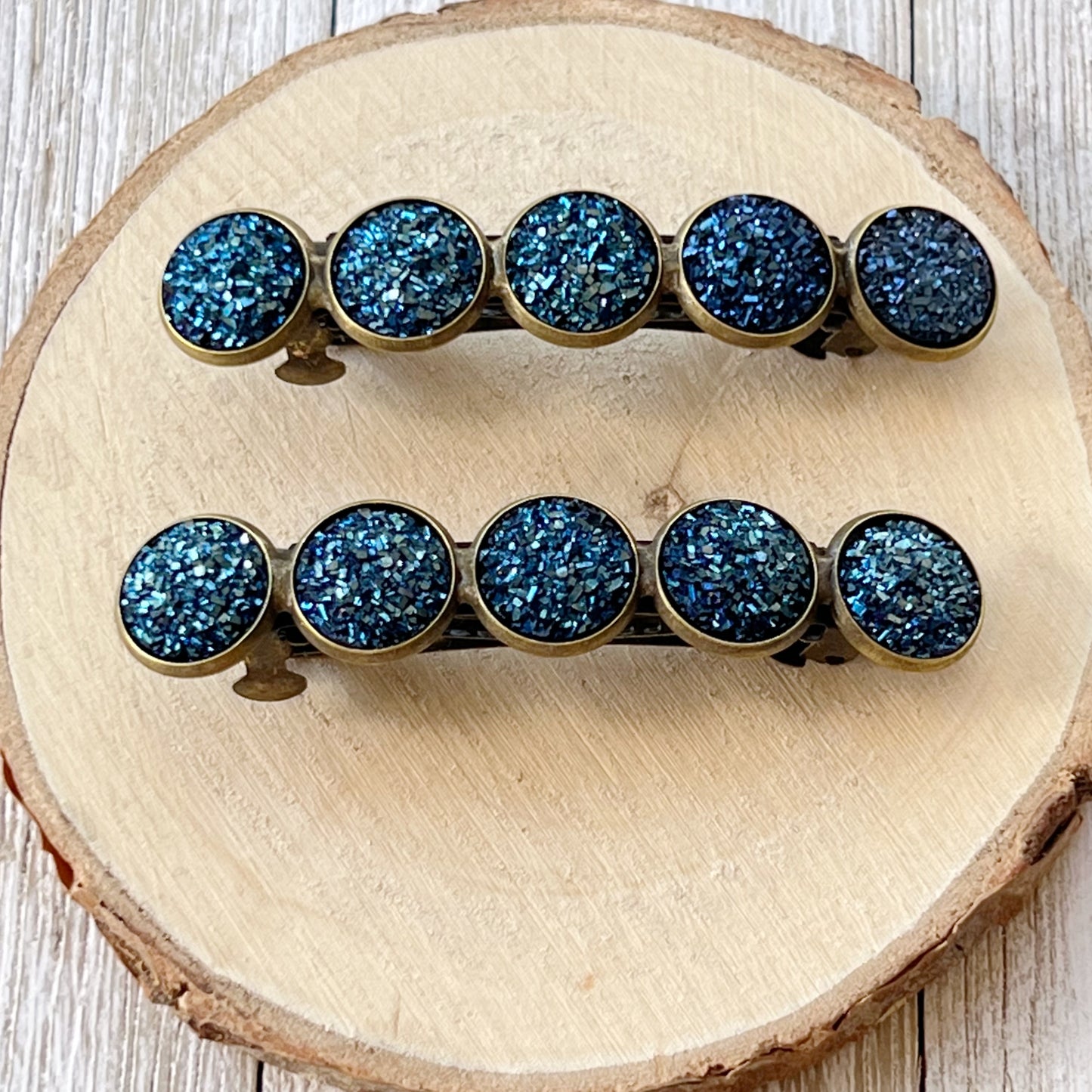 Cobalt Blue Druzy Brass Hair Clips