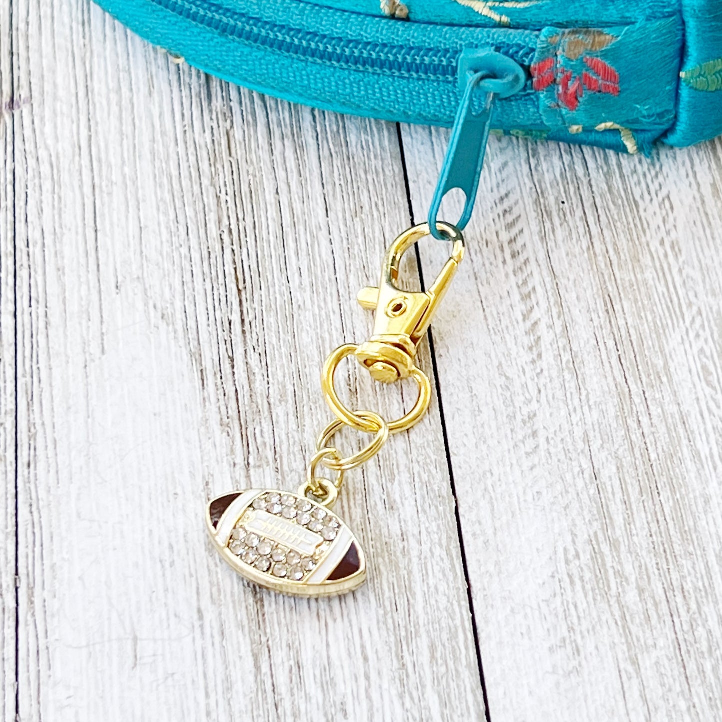 I Love Football Zipper Pull Keychain Charm with Rhinestones