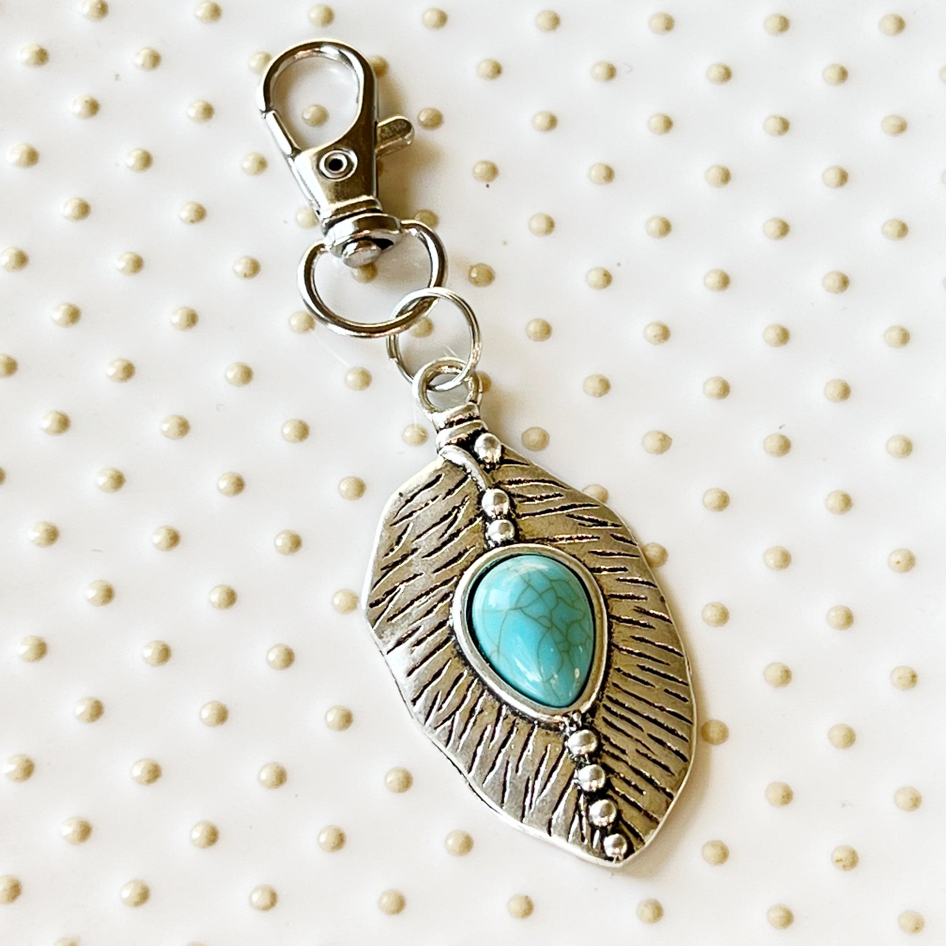 Small Turquoise Silver Feather Western Zipper Pull Keychain Charm