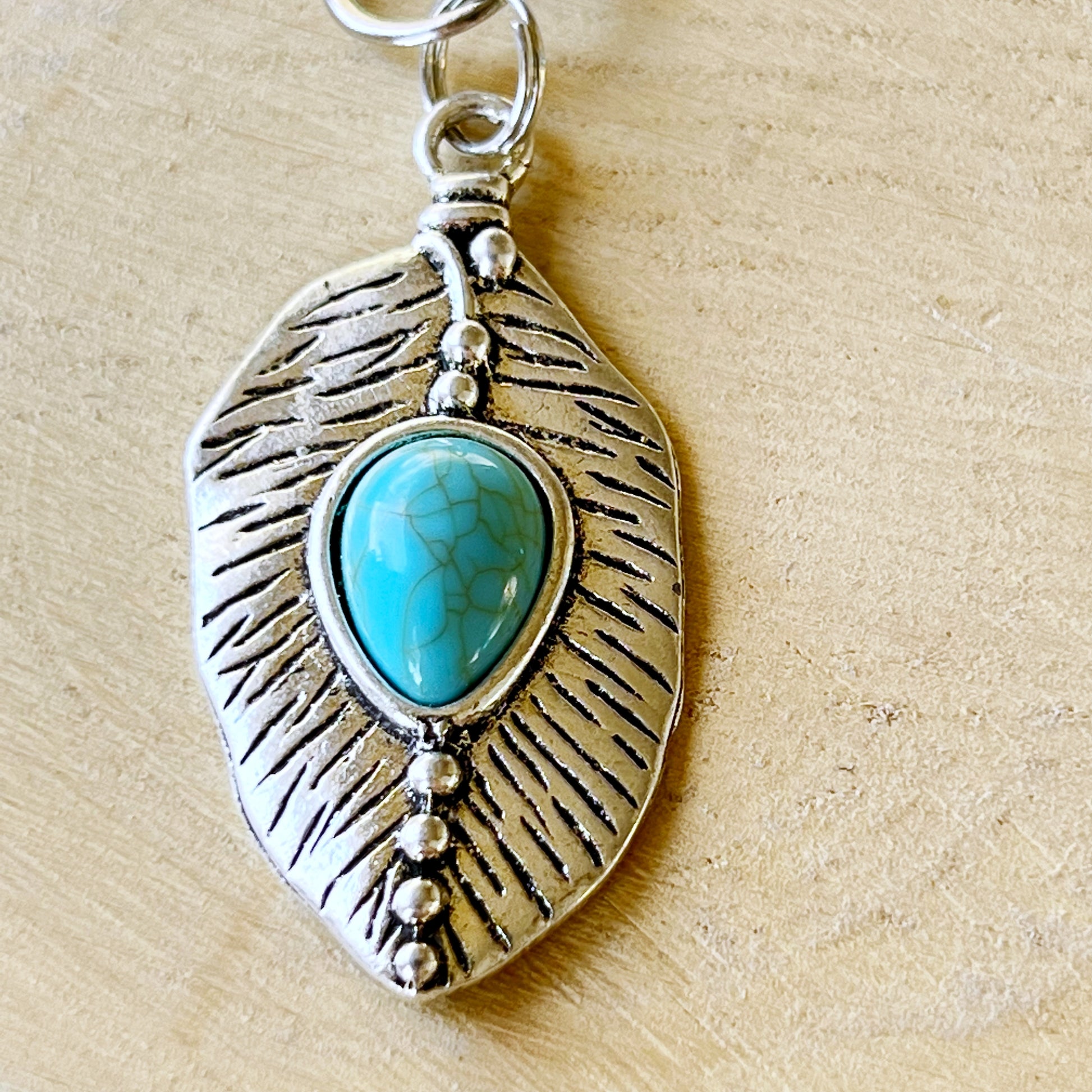 Small Turquoise Silver Feather Western Zipper Pull Keychain Charm