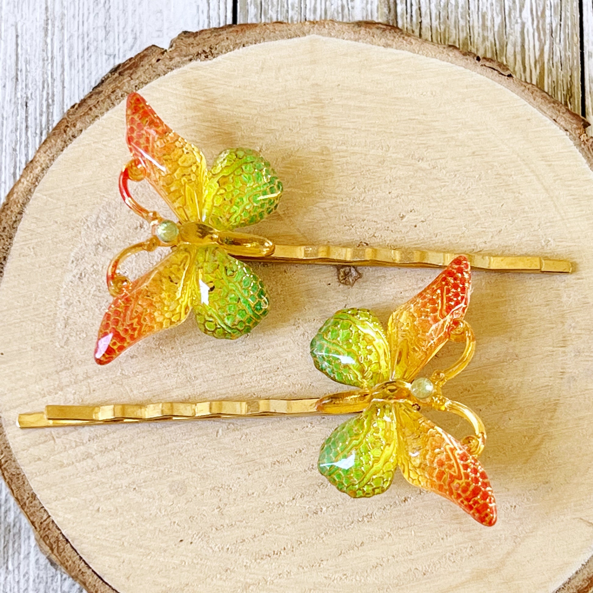 Orange & Green Butterfly Hair Pins: Vibrant Nature-inspired Accessories