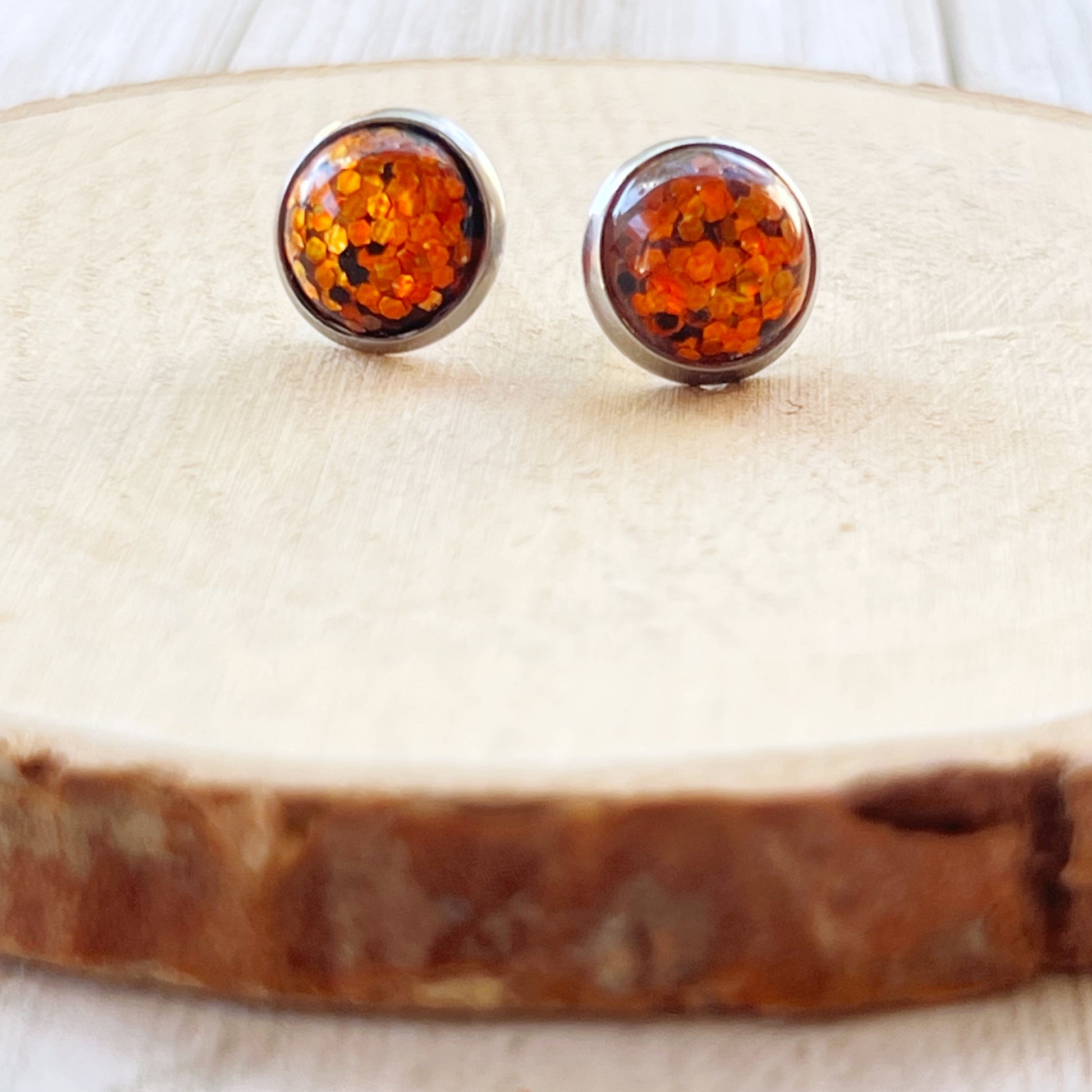 Orange Glitter 10mm Silver Stud Earrings - Sparkling and Elegant Accessories