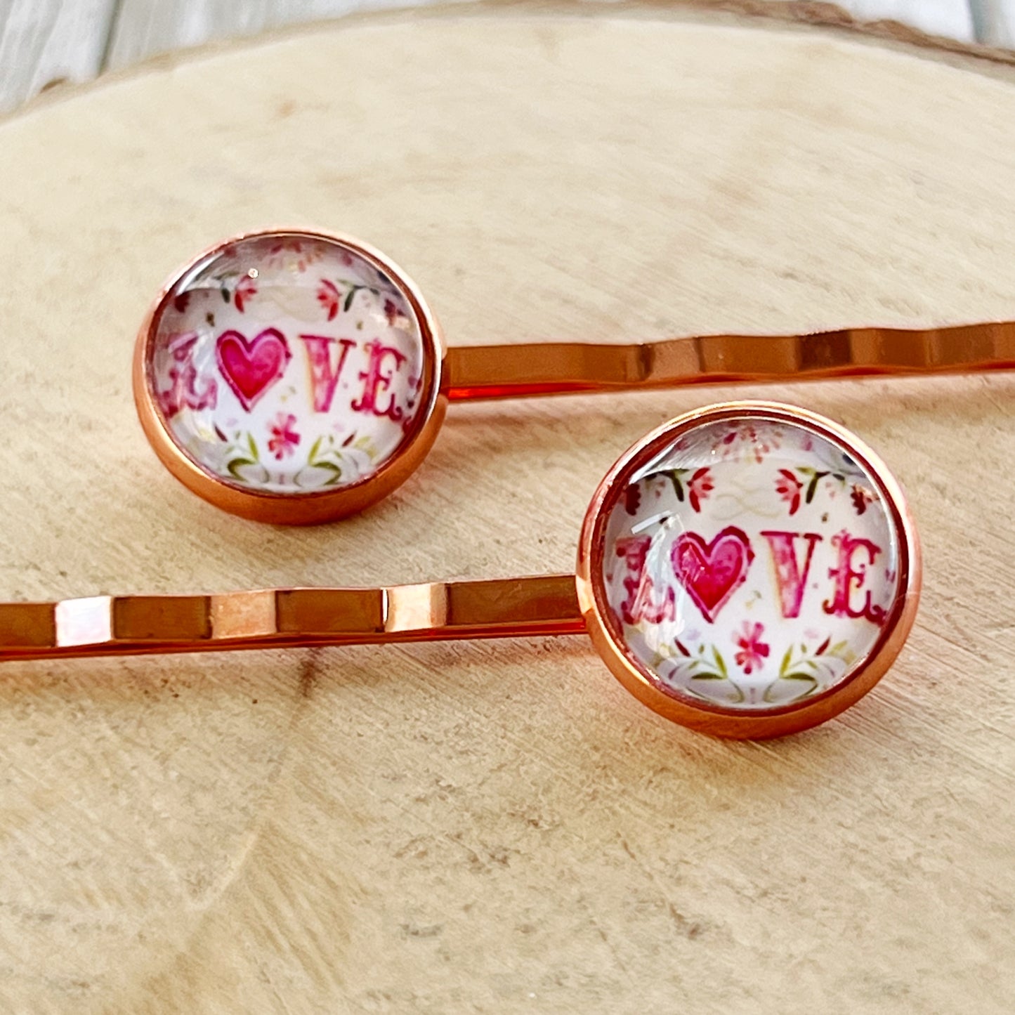 Rose Gold Floral Pink Love Heart Hair Pins