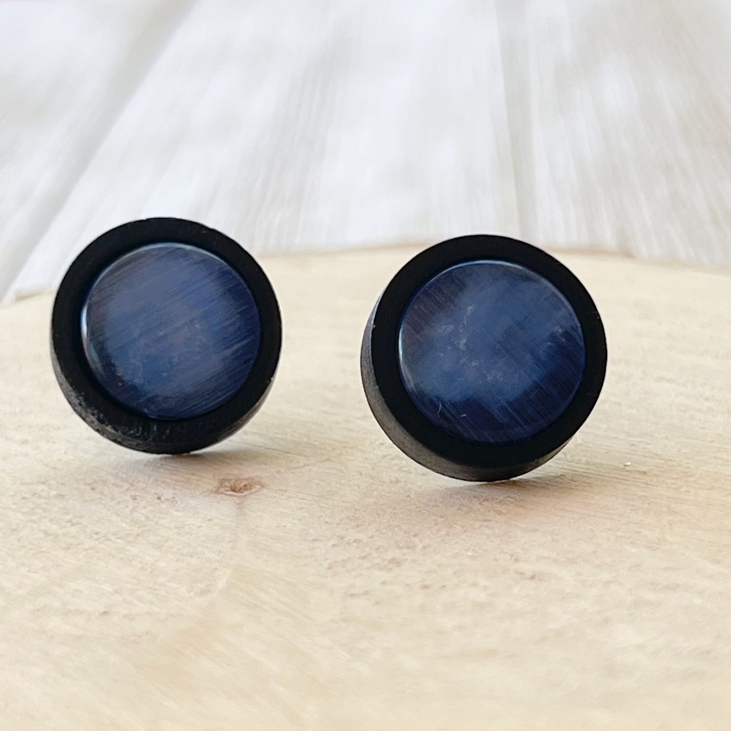 Blue Glass Black Wood Unisex Stud Earrings - Stylish & Versatile Accessories