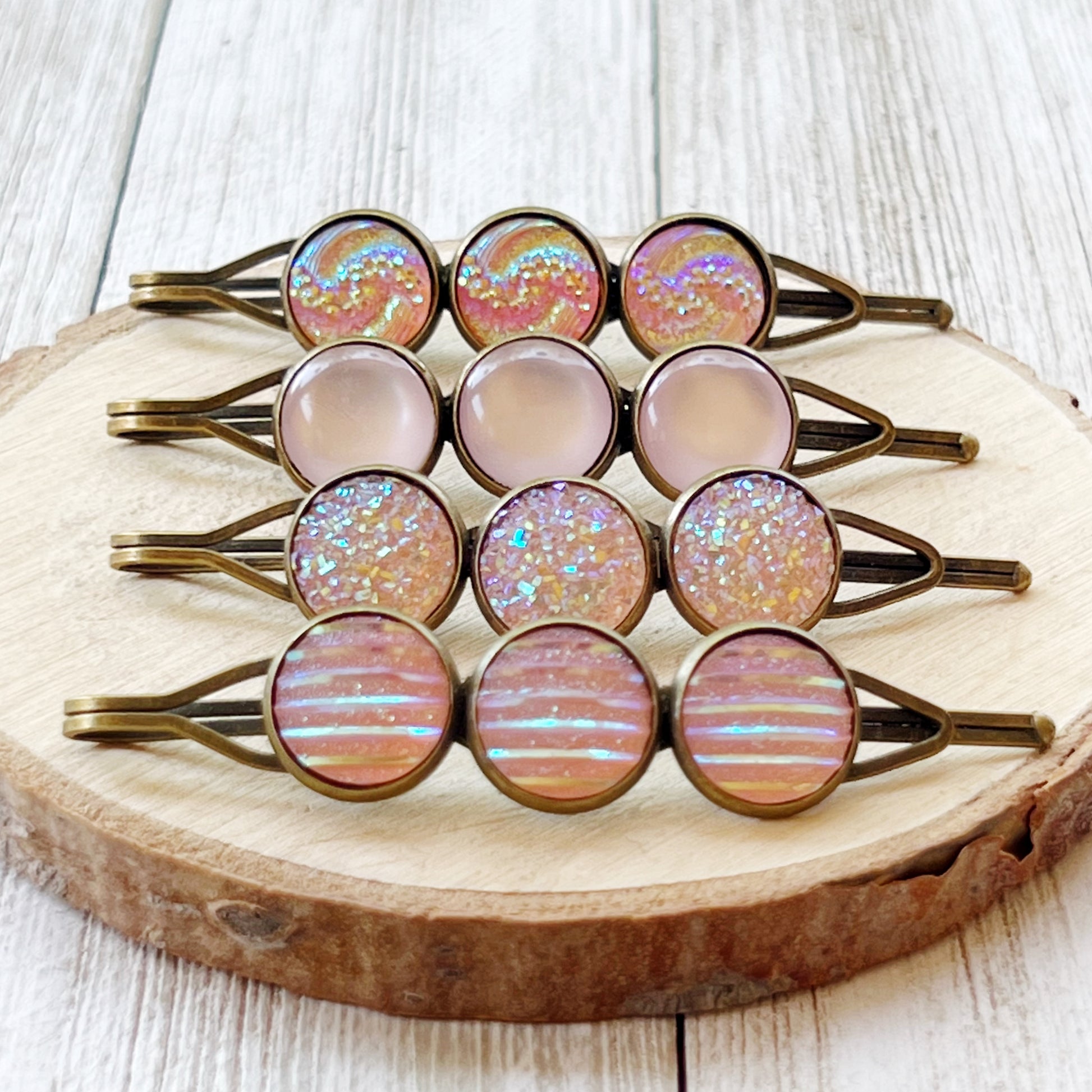 Pink Glitter Druzy Hair Pins - Set of 4 with Unique Pattern Designs